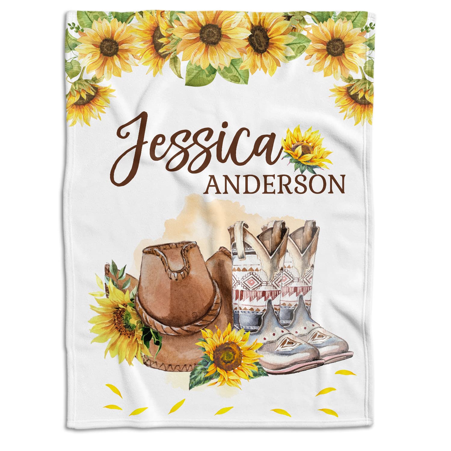 Western Personalized Baby Blanket for Girls - Custom Cowgirl Swaddle With Sunflowers, Floral Plush Blanket for Newborn Infant Daughter or Granddaughter