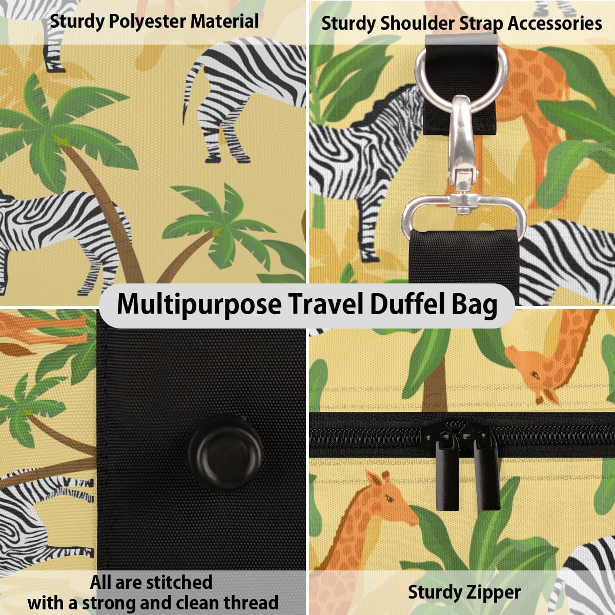 African Animals Travel Duffel Bag for Women Men Large Capacity Overnight Weekender Bags for Lightweight Waterproof Sport Gym Bag for Workout Yoga Swim