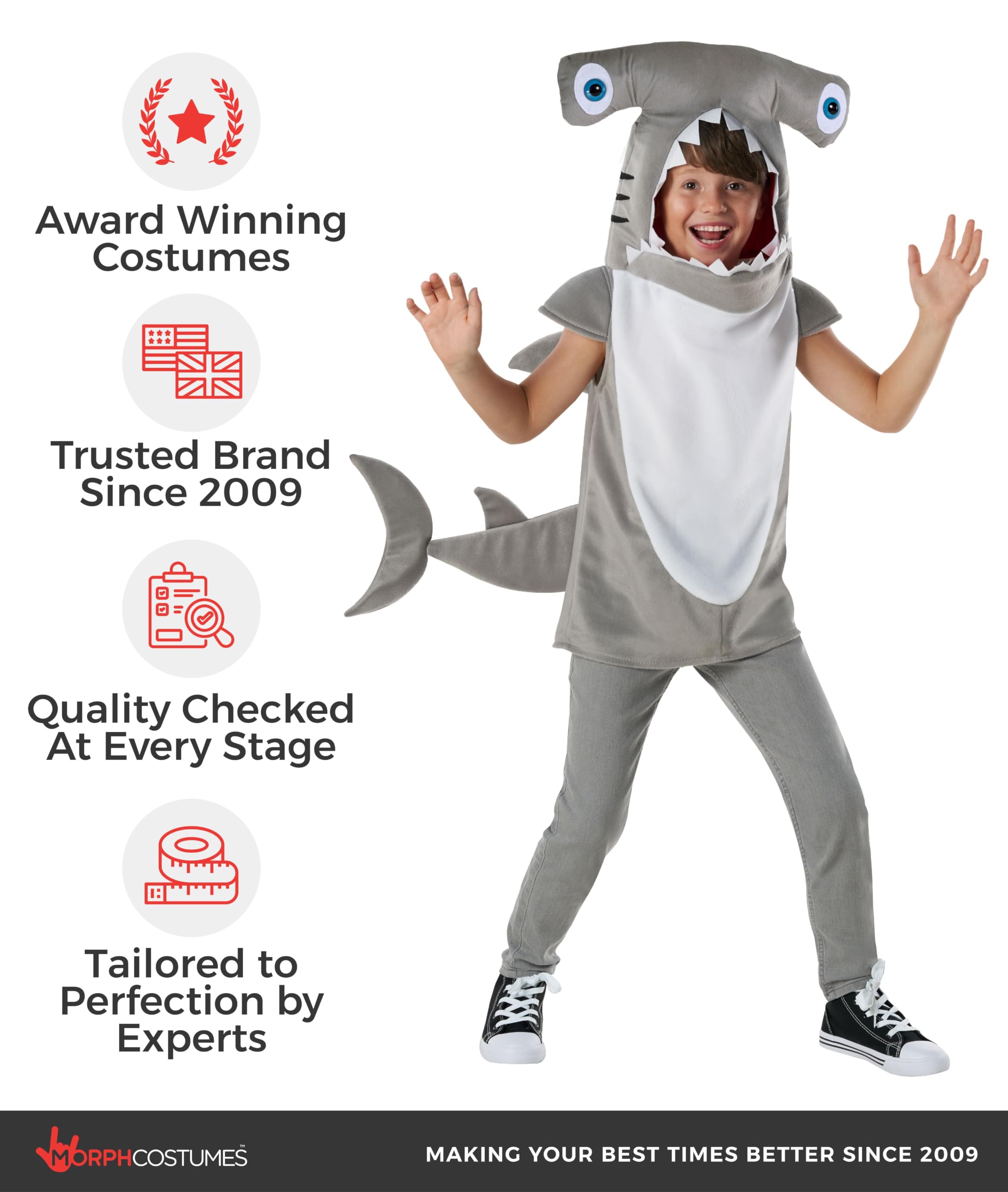 Morph Costume Squalo Martello Bambino, Halloween Bambino | Tunica in Peluche con Testa di Squalo & Coda, Design Squalo Martello, Perfetto per Halloween, Ideale per il Gioco di Ruolo