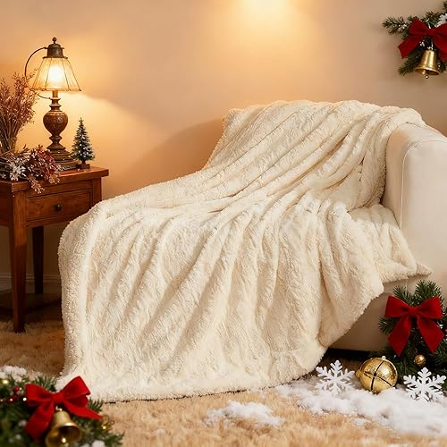 Miniatura 2 de COZYART - Manta de pelo sintético para cama individual, 60"x80" color crema, sherpa suave reversible, mullida, afelpada, peluda y esponjosa para