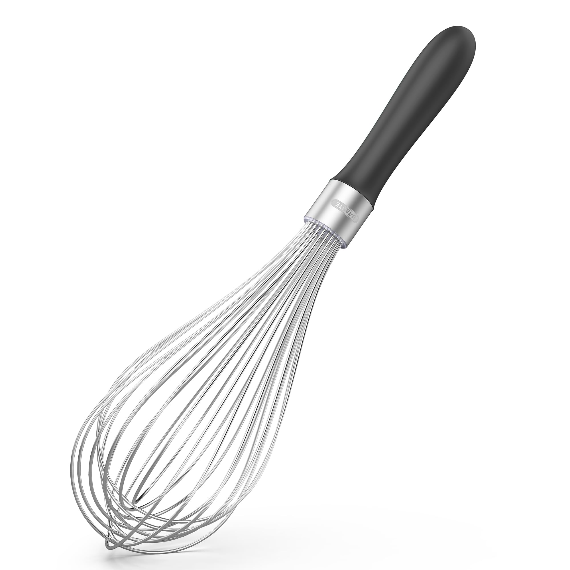 U-Taste Frusta da Cucina: 30 cm Grande Frusta a Palloncino in Acciaio Inox 18/10, con 12 Fili Altamente Flessibili e Manico in Silicone per Battere, Mescolare Impasti e Creme (Nero)