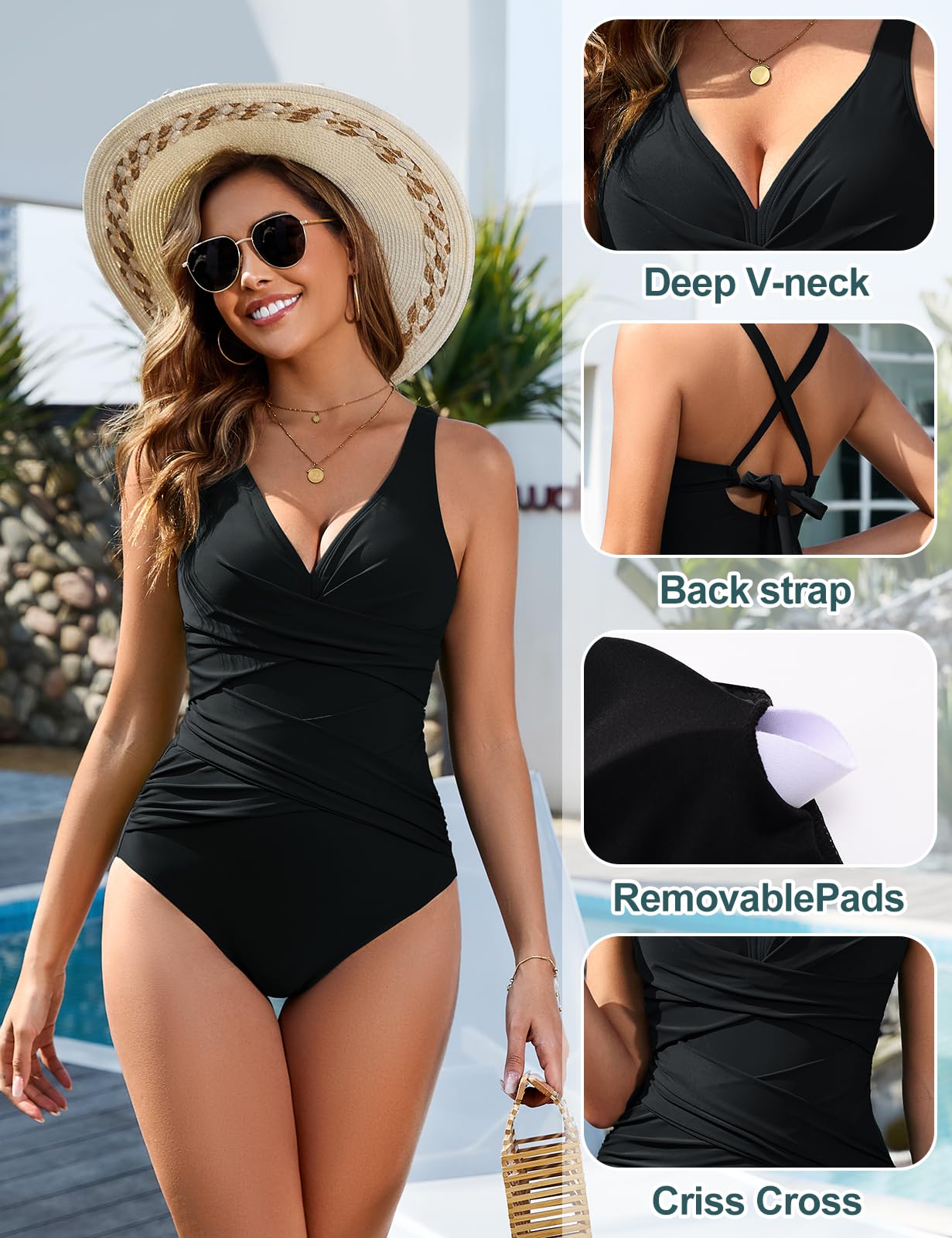 heekpek Bañador Mujer Reductor Barriga y Push Up Vientre Plano Bañadores Mujer Natacion Sexy Cuello en V Cruzado Delantero Traje de Baño Una Pieza