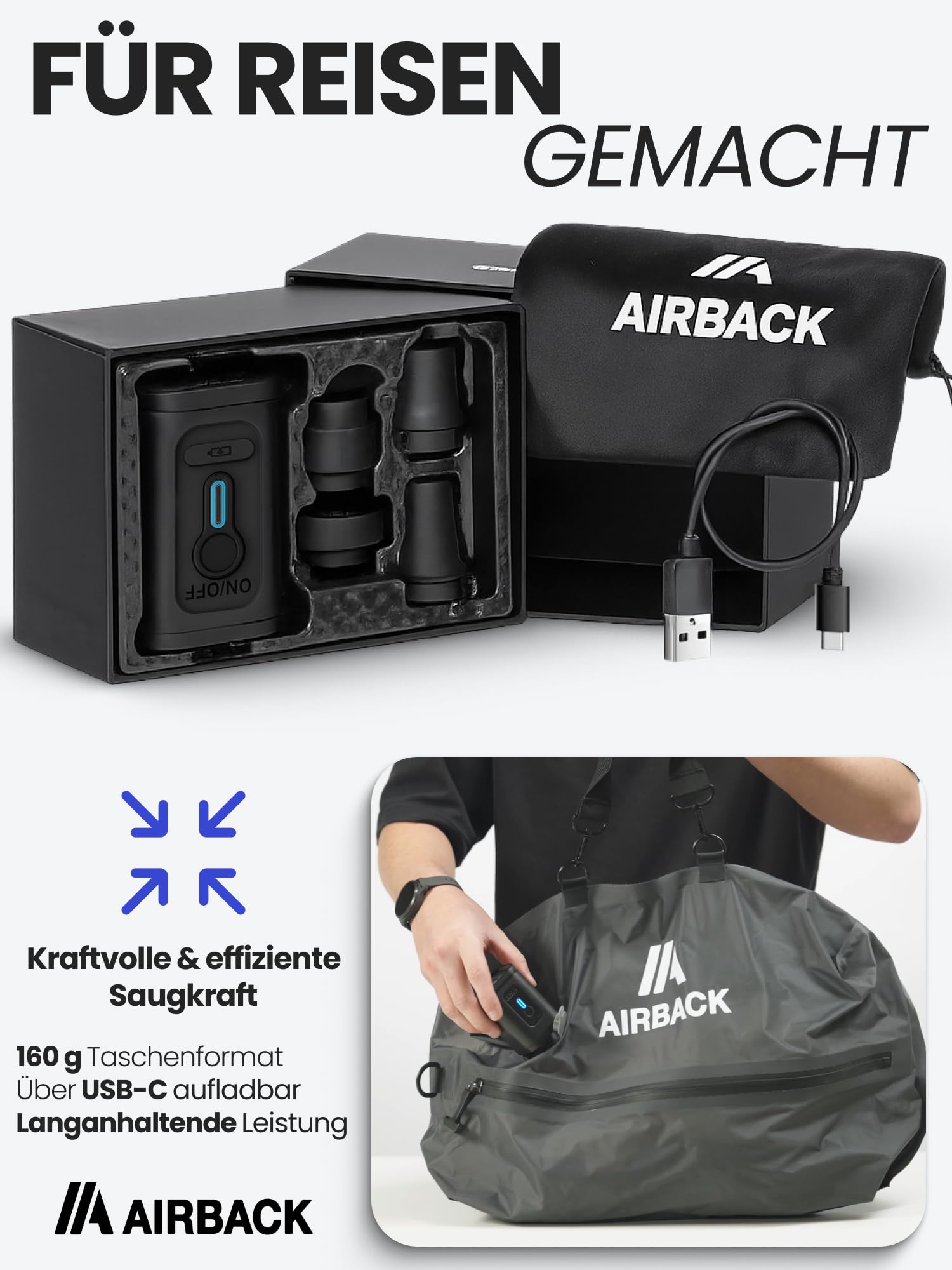 Airback Winzige Luftpumpe, tragbare elektrische Pumpe mit LED-Anzeige, Passend für alle unsere Rucksäcke, Mini Airpump, Schwarz