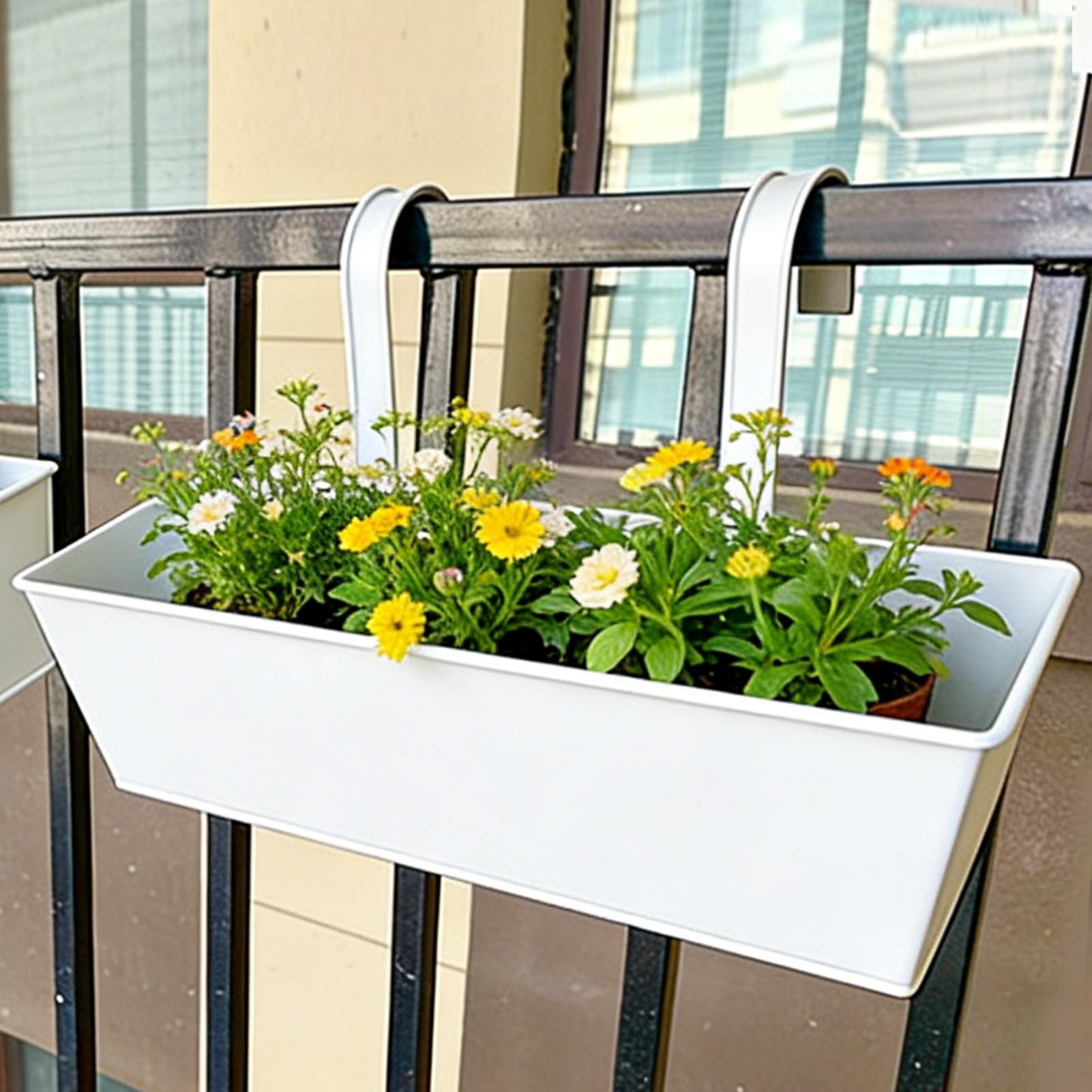 2-Pakowa Skrzynka Na Doniczki Z Balustradami, Metalowa Wisząca Doniczka Z 4 Otworami Drenażowymi I Haczykami, Prostokątna Donica Z Balustradą Zewnętrzną Na Balkon Na Werandzie