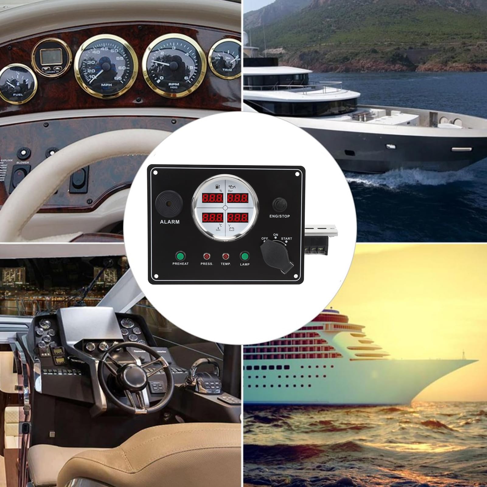 Juego de Grupos de Indicadores Digitales para Barcos, Panel de Indicadores Pantalla Digital 4 en 1 Nivel de Combustible Temperatura del Agua Voltaje Medidor de Presión de Aceite