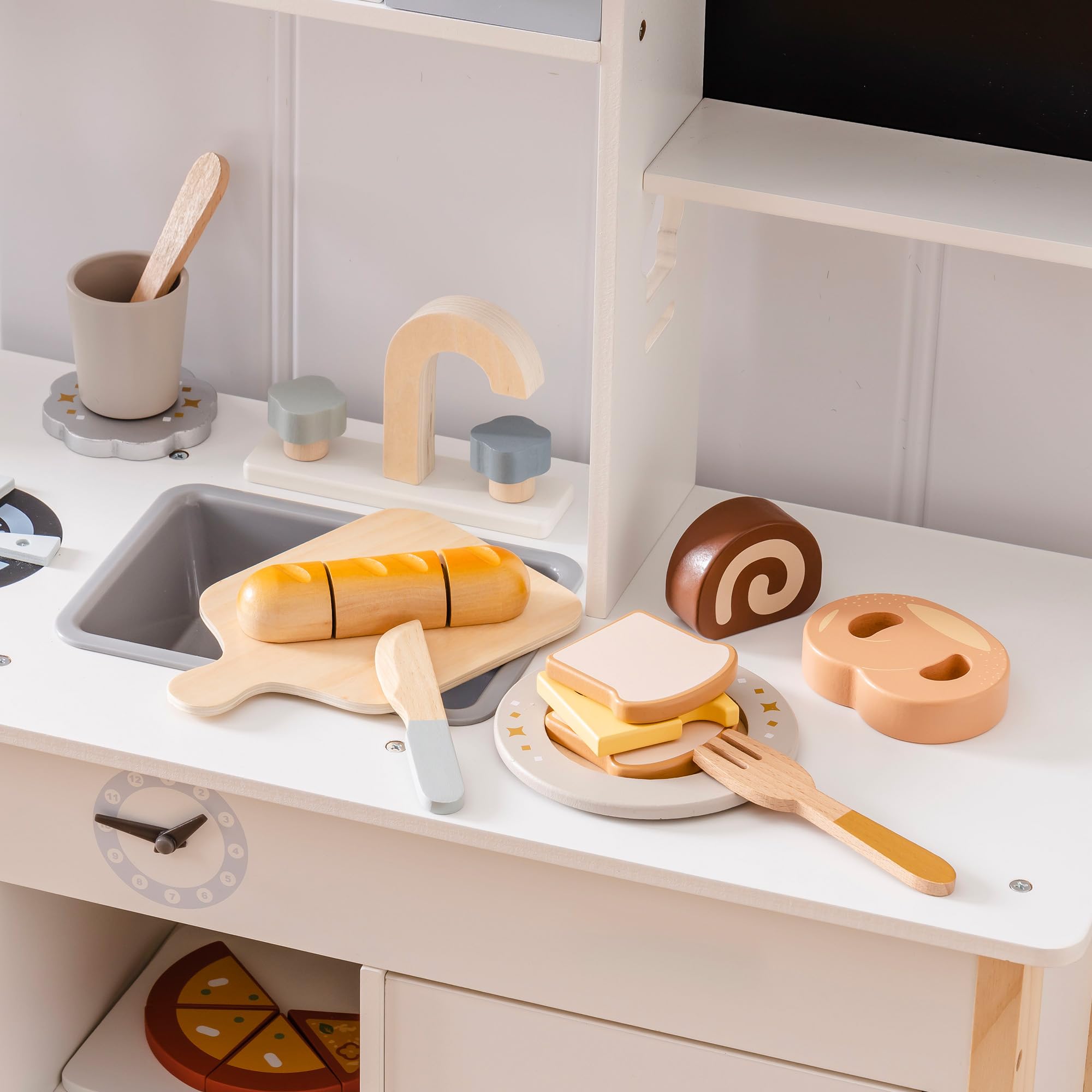 ROBOTIME Montessori - set da taglio in legno per bambini, da giardino e cucina, con accessori in legno, giocattoli per bambini (set di cottura)