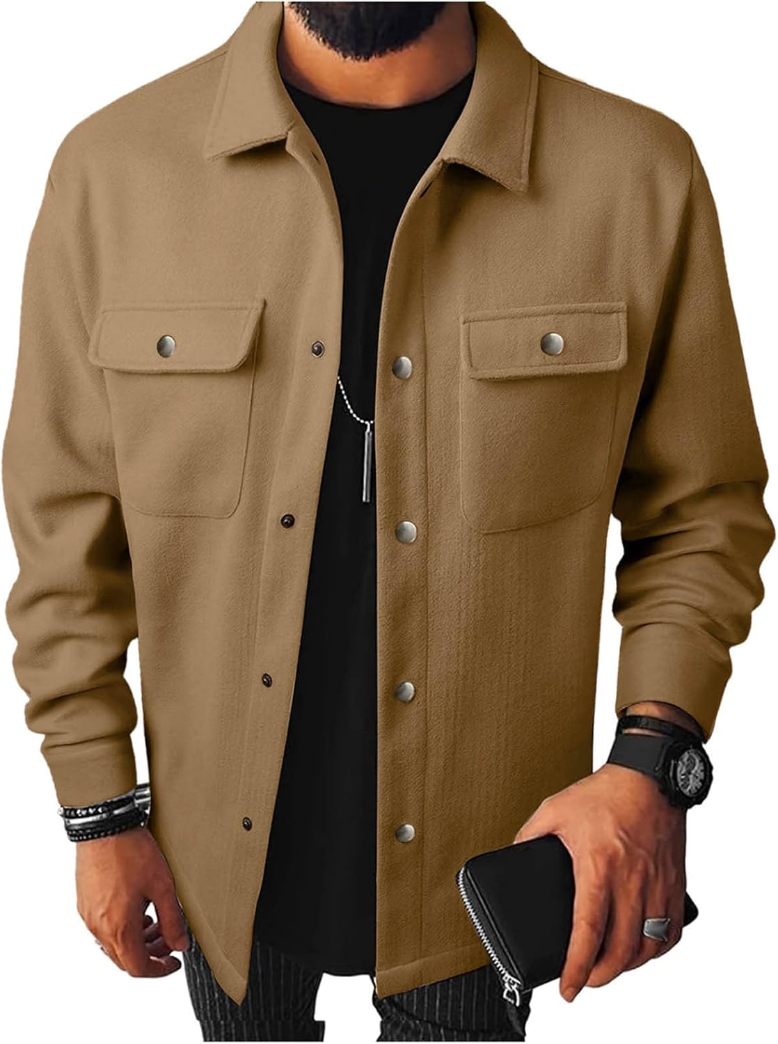 Mens Wool Blend Jacket Coat Collared Fall Winter Coats Casual Snap Button Soft Warm Outerwear with Chest Pockets