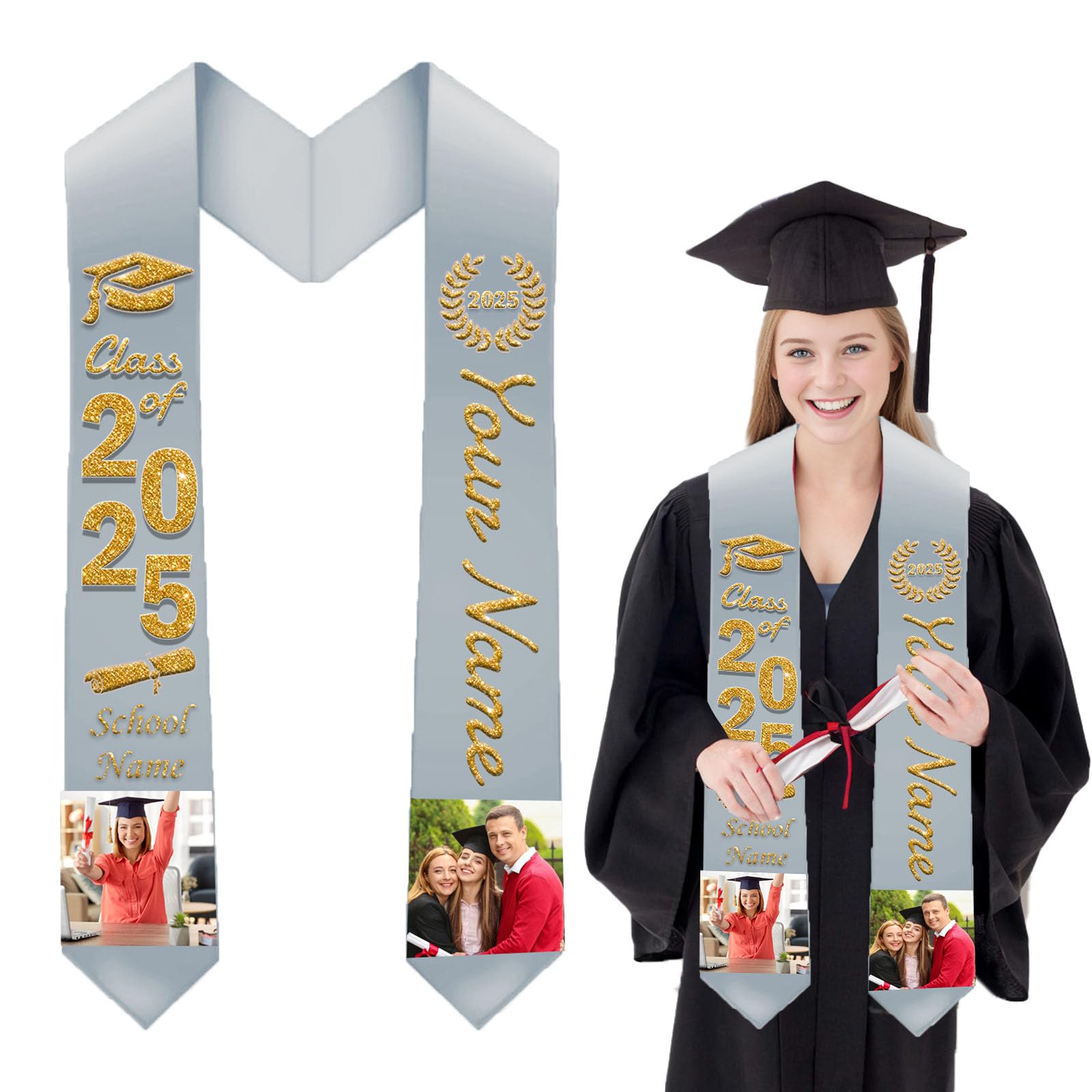 FAHOXUMR Personalized Graduation Stole Class of 2024, Custom Graduation Stole with Photo, Name and School Name, Graduation Gift 2024 ?72 IN-Text+Photo?, Silver