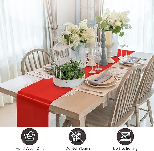 Miniatura 4 de Camino de mesa rojo de 12 x 108 pulgadas, paquete de 12 caminos de mesa de satén, camino de mesa suave para fiestas, bodas, banquetes, cumpleaños
