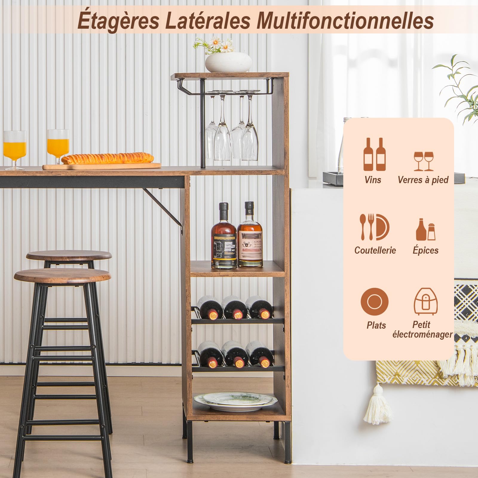 GOPLUS Ensemble Table de Bar et Tabourets 3 Pièces,Table Bistro avec Porte-Verres et Étagères, Table de Comptoir de Cuisine avec 2 Tabourets pour Maison, Salle à Manger, Restaurant, Bar (Café)