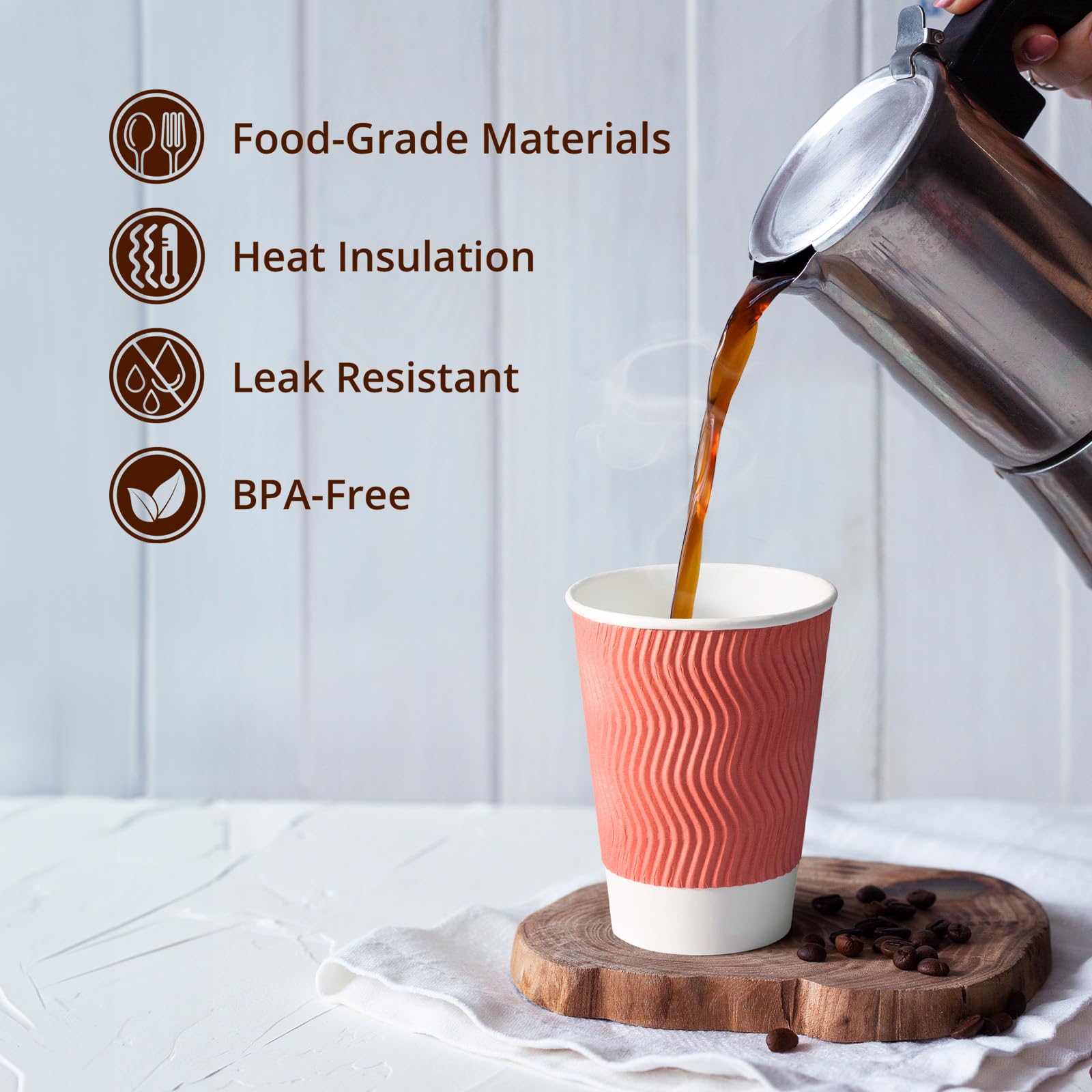 MATICAN Lot de 50 tasses à café en carton ondulé isotherme, jetables, avec couvercles, parois ondulées pour boissons chaudes ou froides, corail, 355 ml