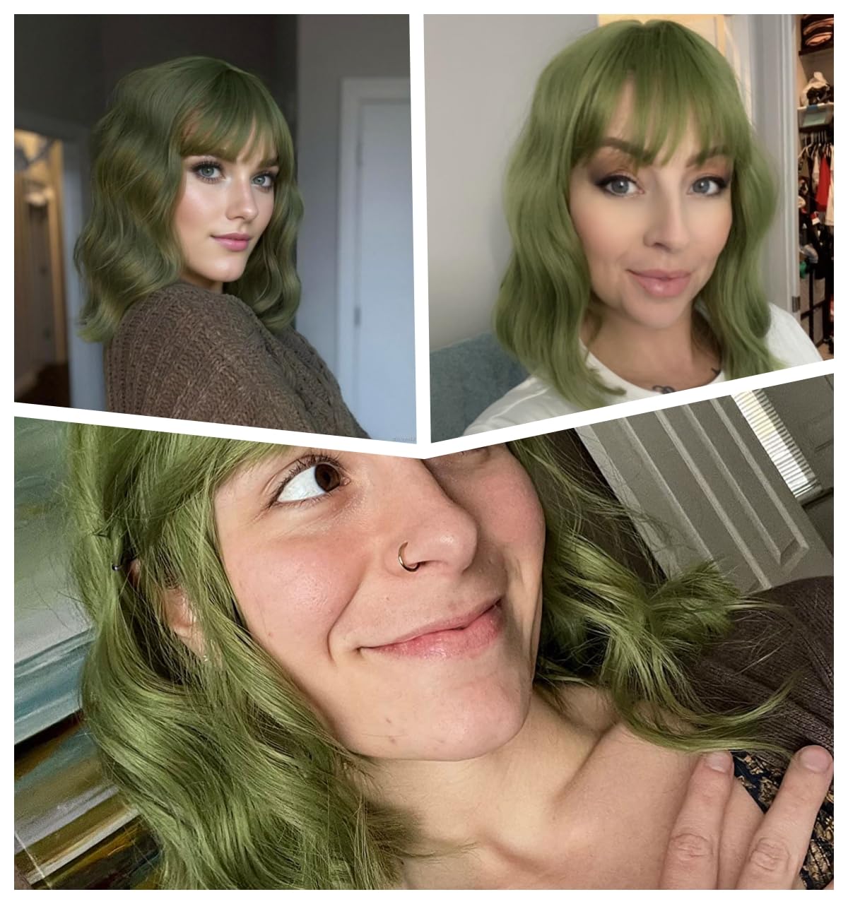 VCKOVCKO Short Bob Wavy Wig With Air Bangs Matcha Green Women's Shoulder Length Wigs Curly Synthetic Cosplay Bob Wig for Girl Colorful Wigs(12" - Image 4