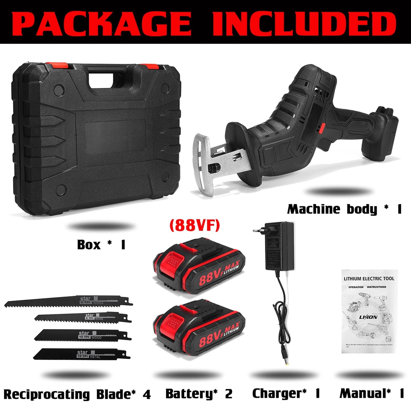 88VF Sega a sciabola elettrica a batteria a lama alternativa taglierina for legno ricaricabile Sierra Sable Seghetto for 18V,Macchine efficienti(2 Battery Black)
