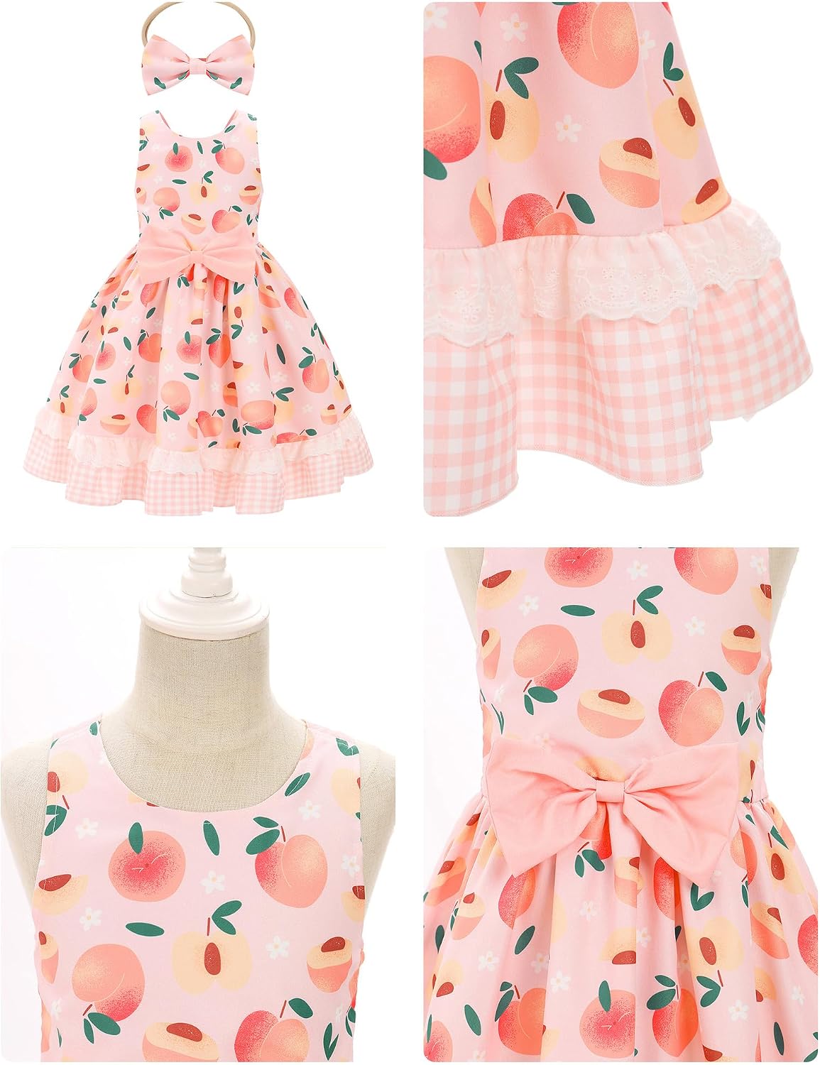 OBEEII Toddler Girls Cow/Strawberry/Bee/Peach Print Ruffle Dress Casual Birthday Party Tutu Dress with Headband