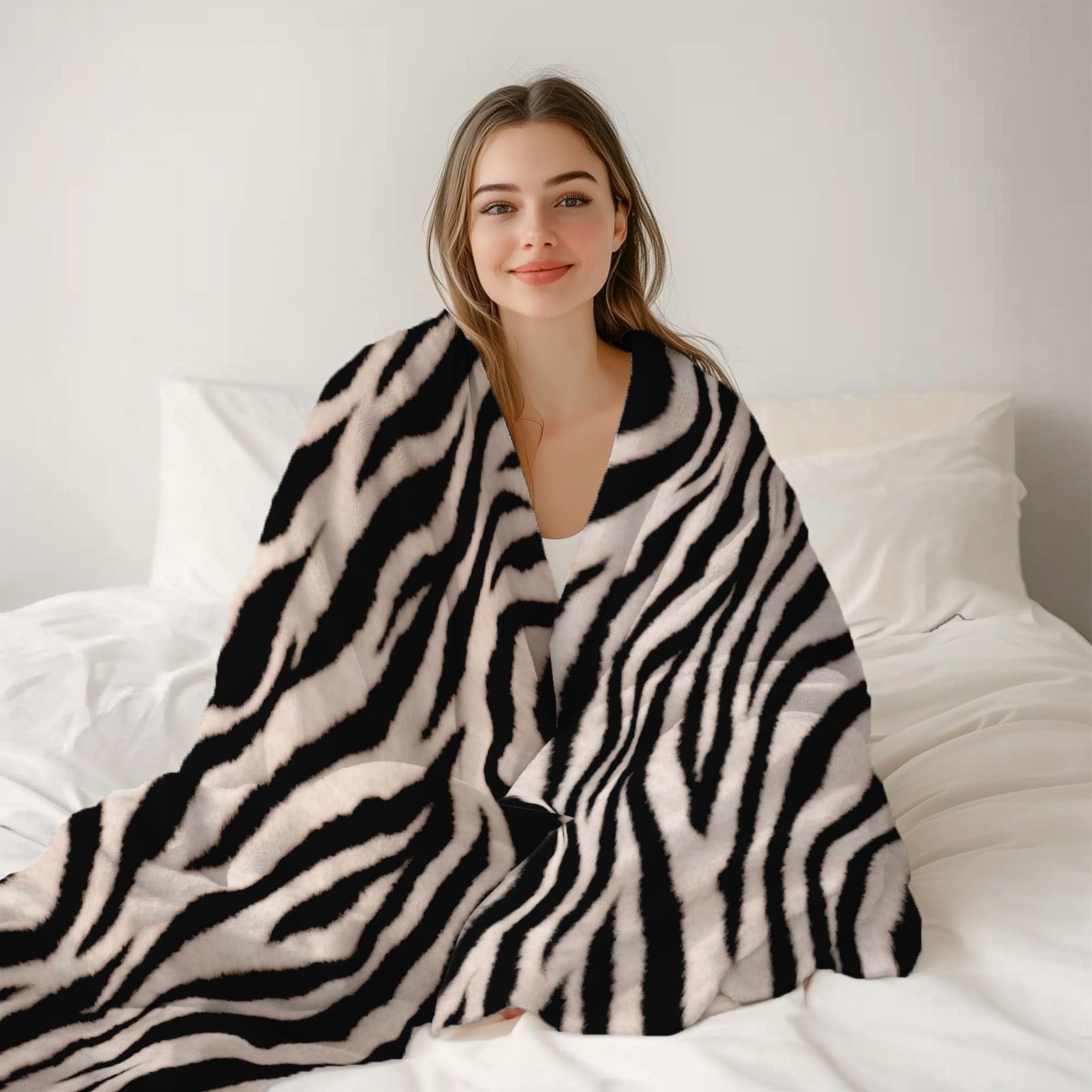 Couverture Polaire 150 x 200 cm Motif Imprimé Animal Zèbre, Plaid Polaire Blanc Noir Flanelle 2 Personnes, Imprimée Couvertures et Plaids Doux et Chaud for Canape Lit