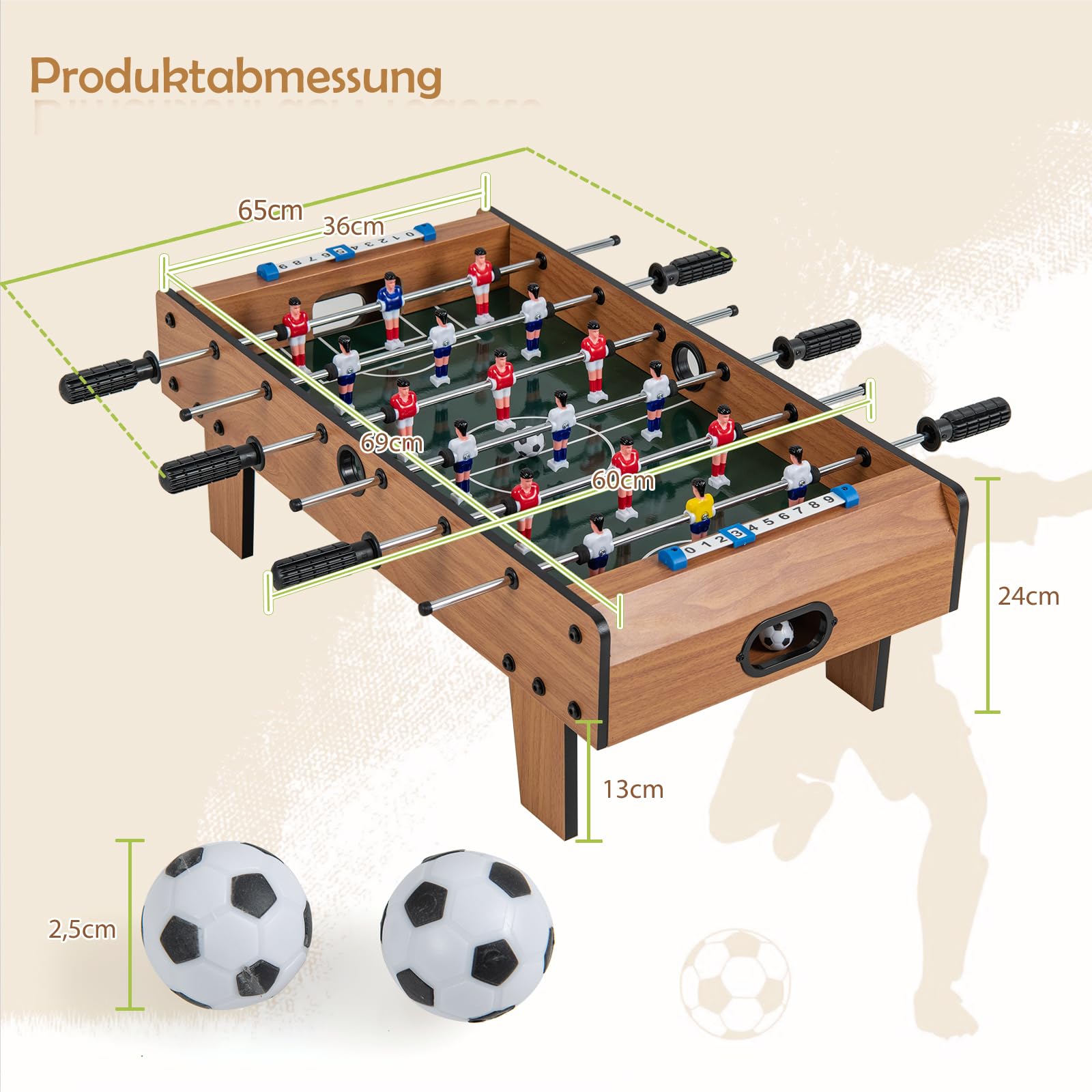 DREAMADE Tischkicker Kinder und Erwachsene, Fußballtisch mit 2 Kickerbälle & 18 Kickers, Tischfußball Spieltisch, Kickertisch aus Holz 69 x 65 x 24 cm