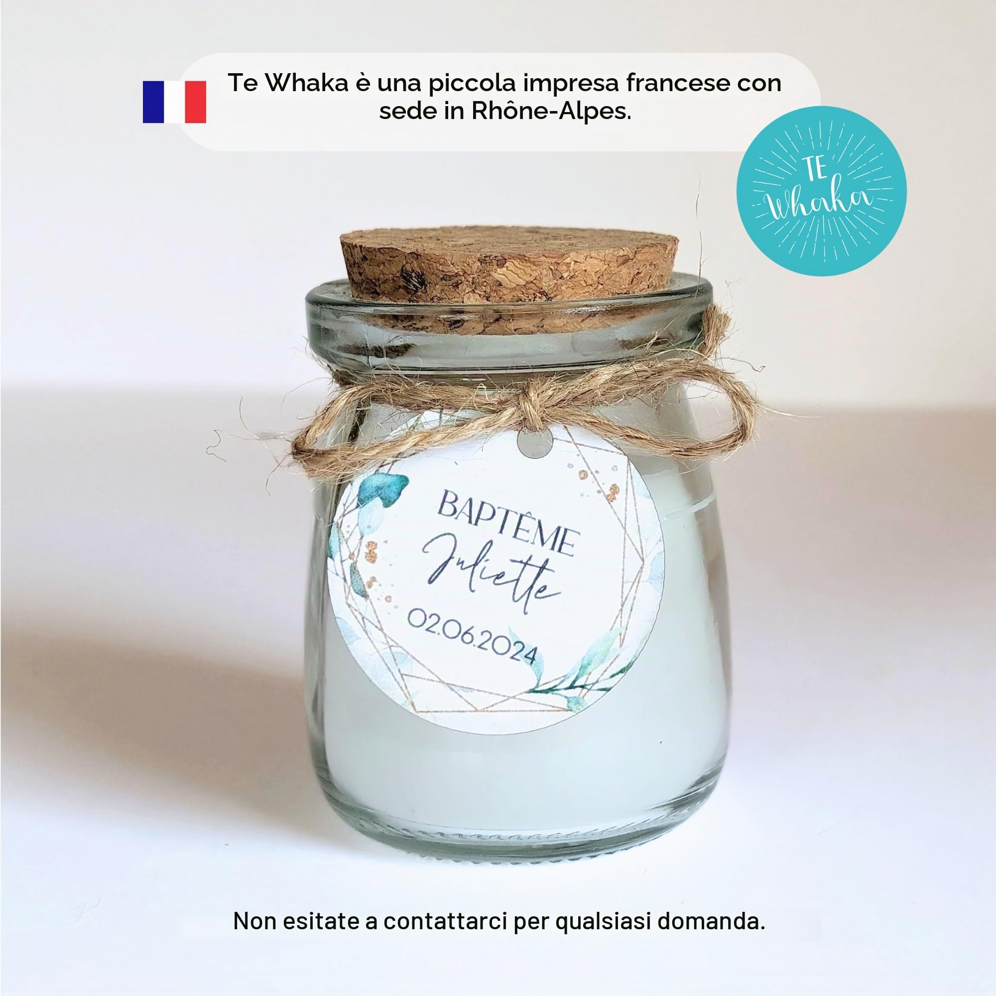 15 candele grandi personalizzate | 20H - 100ML - 60GR | Regalo ospite matrimonio, baby shower, battesimo, comunione, compleanno - Regalo grazie | TE Whaka