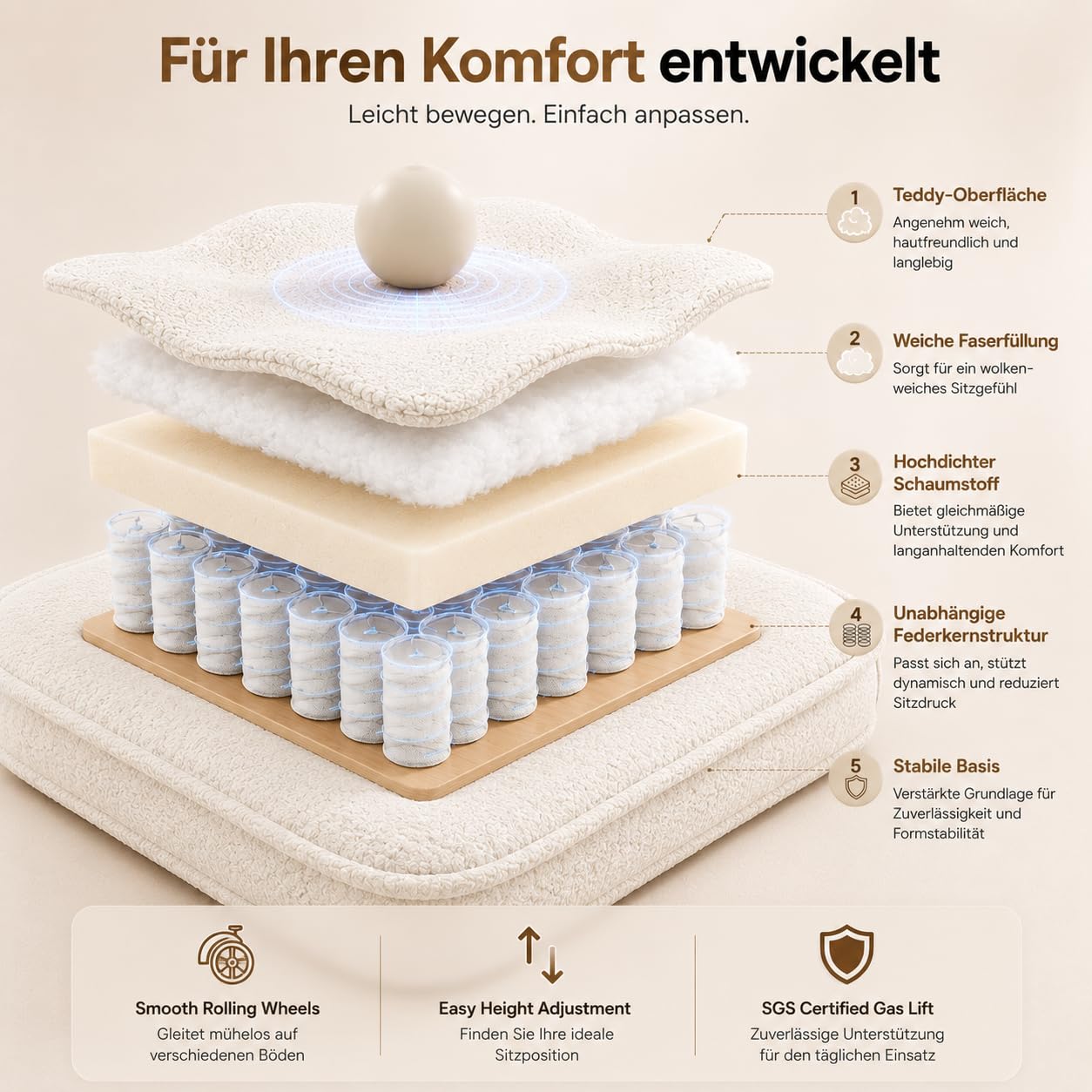 HOMRELEXA Bürostuhl mit Fußstütze, Teddy-Stoff Sessel für Home Office, 135° Verstellbare Rückenlehne, Extra Breiter Sitz für Schneidersitz, Drehstuhl zum Arbeiten, Lesen und Entspannen, Weiß