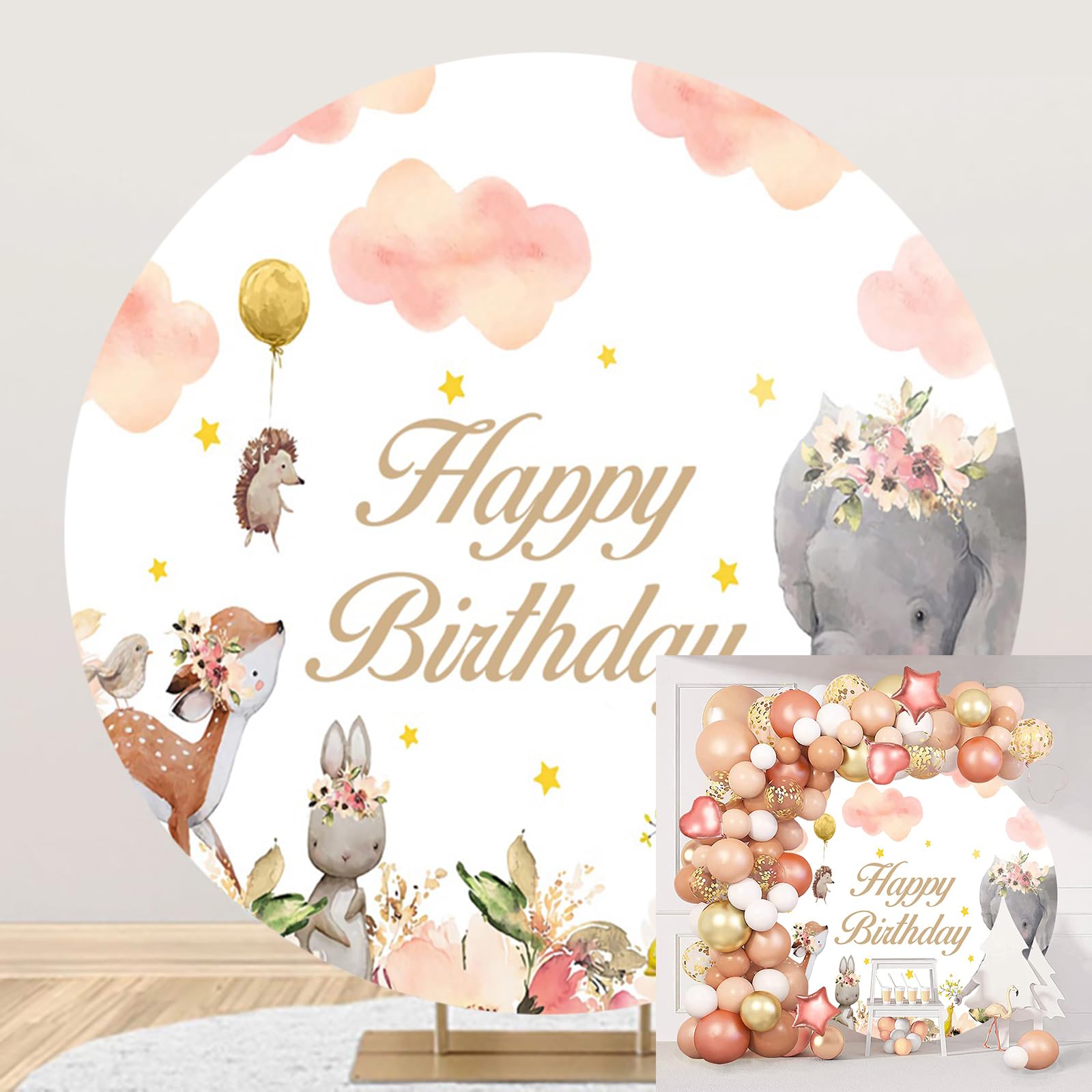 Ttinccer Felice Compleanno Sfondo 220cm Bambino Doccia Cartone Animato Elefante Coniglio Fotografia Sfondo Rosa Nuvola Fiore Oro Stella Ragazza Compleanno Rotondo Copertura di Sfondo
