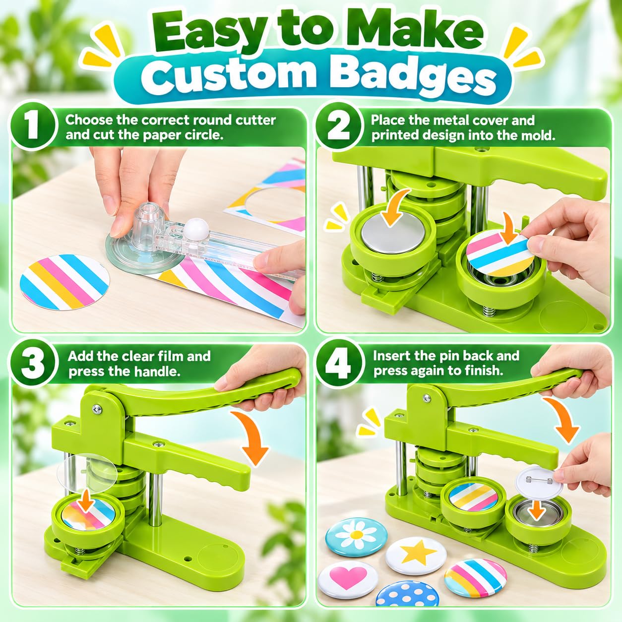 Machine à boutons - 25 mm/32 mm/58 mm - Kit de presse de badge personnalisé avec 300 pièces de bouton pour machine à épingler - Vert