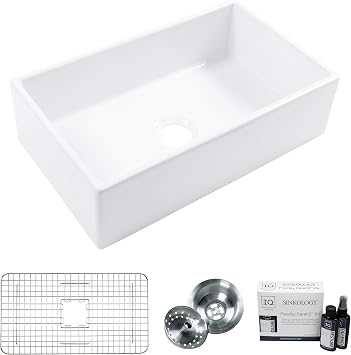 Sinkology Turner 30 Inch Crisp White Fireclay Farmhouse Kitchen Sink, Apron-Front Undermount, Single Bowl, Grid and Drain Included, Sinkology Everyday Promise