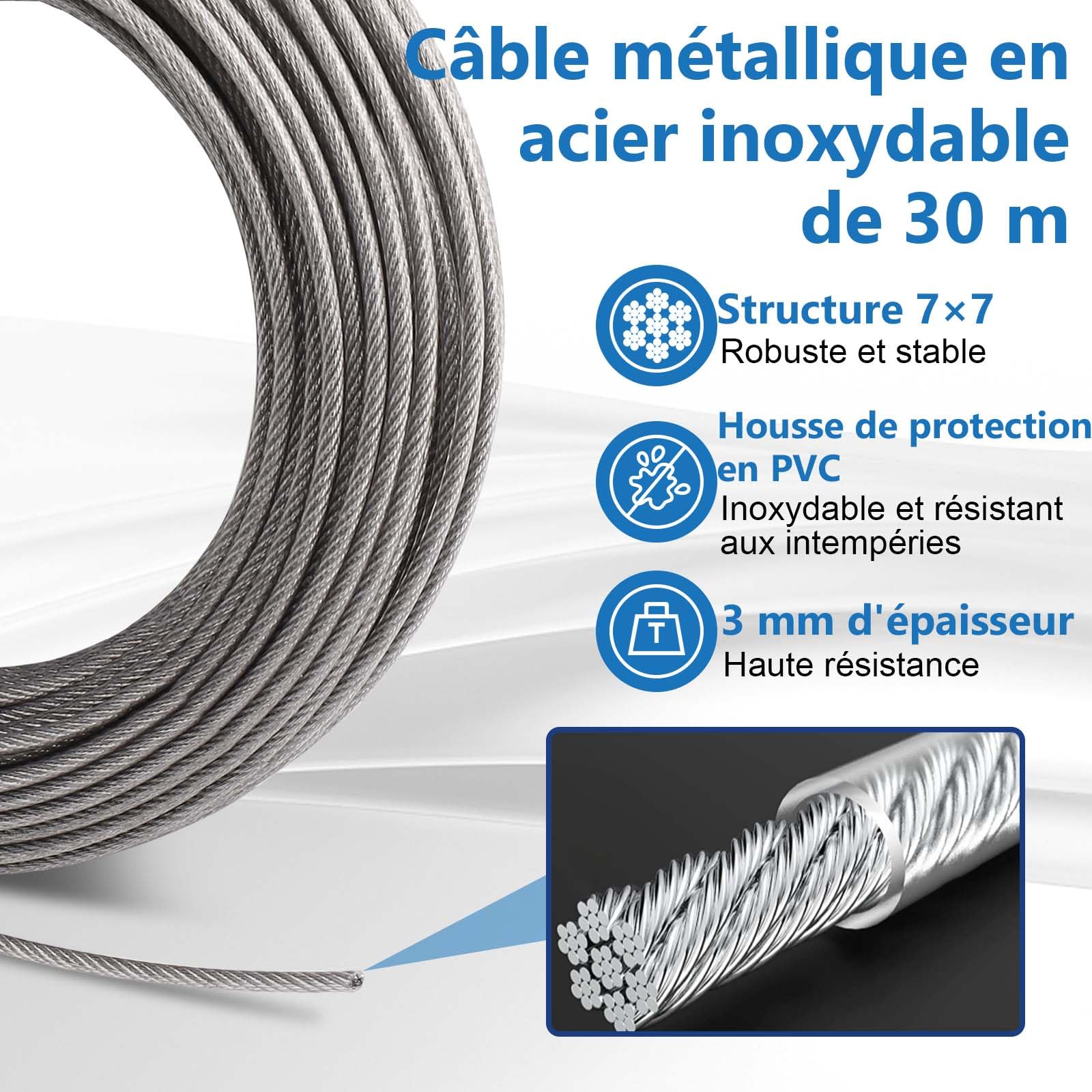 Angooni Lot de câbles en acier de 20 m, câble métallique épais de 3 mm, tendeur de câble M5, tendeur de câble en acier inoxydable, crochet mural M5, câble en acier avec œillets, tuteurs pour plantes