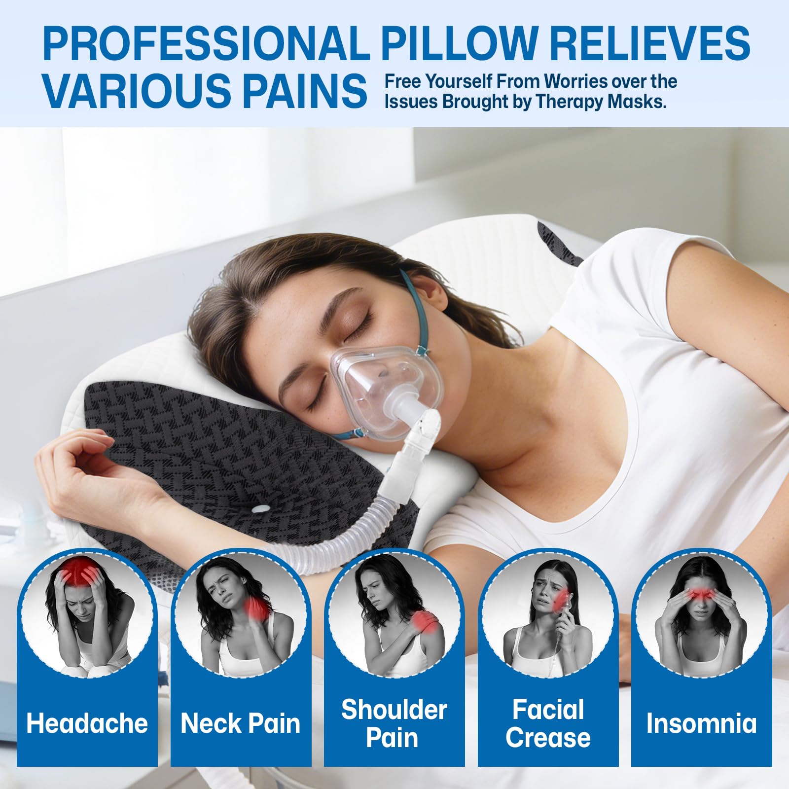 Cuscino CPAP per Dormienti sul Fianco e sulla Schiena – Riduce Perdite d’aria e Pressione della Maschera, Cuscino in Memory Foam Premium per Maschere CPAP, Cuscino Cervicale per Tutte Posizioni, Nero