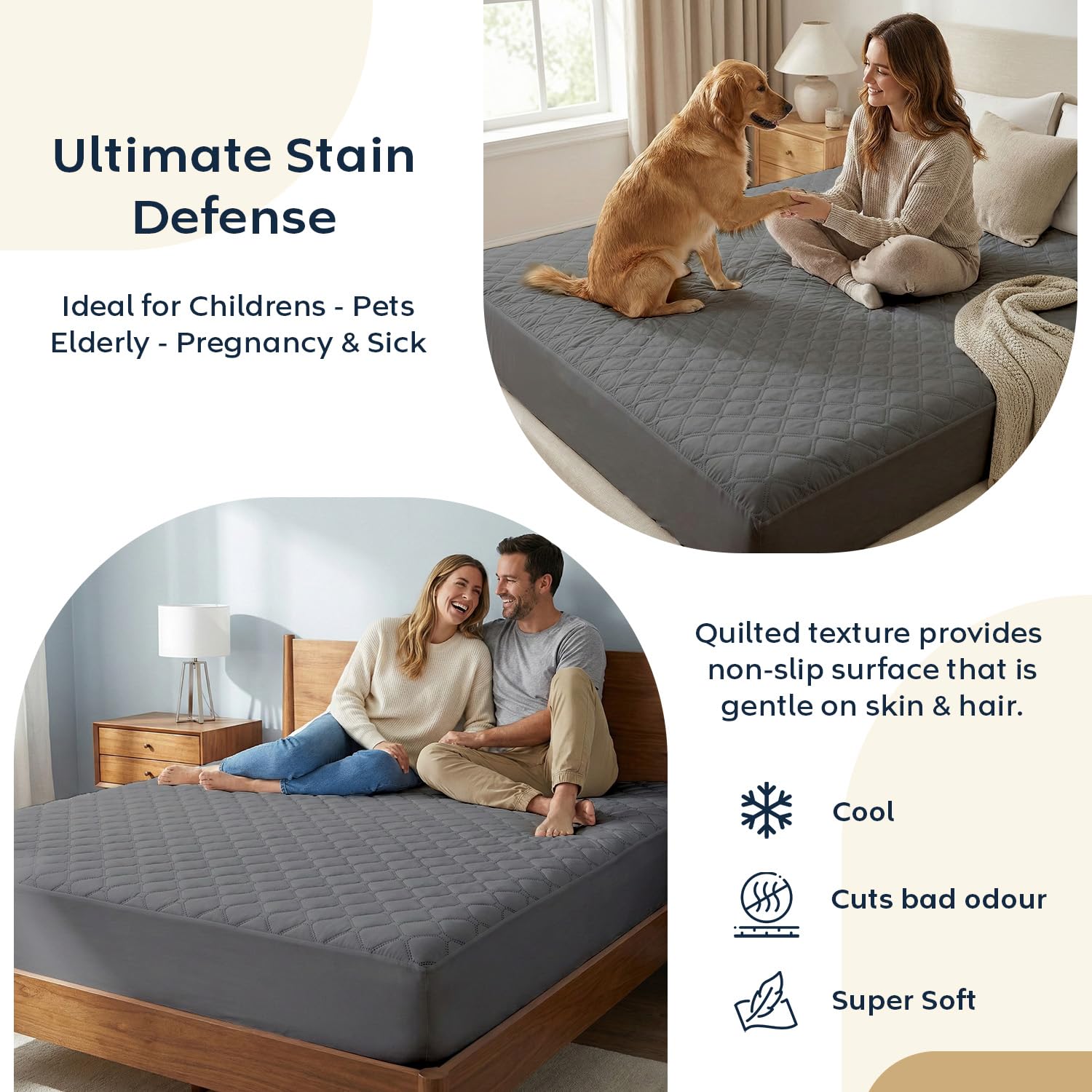 Ayka 100% Waterproof Queen Size 75x60 inch Cotton Quilted Mattress Protector Breathable Hypoallergenic Noiseless Ultra Soft Elastic Fitted Bed Protector Mattress/Bed Cover (Grey, Queen (75 * 60”)) 3