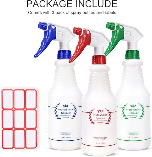 Miniatura 7 de Botella pulverizadora de plástico (paquete de 3, 32 onzas, 3 colores), botellas de pulverización vacías multiusos resistentes a prueba de fugas,