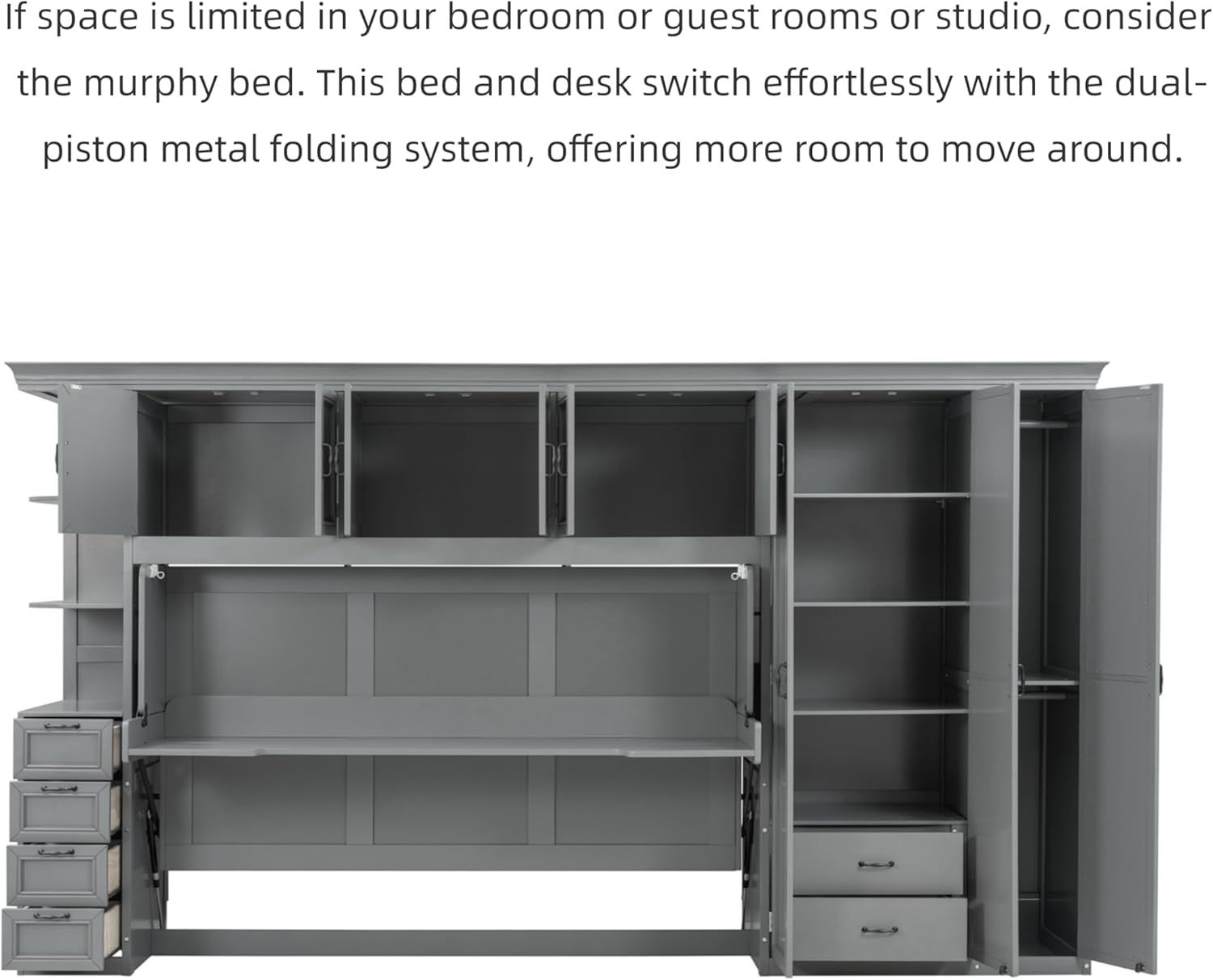 Merax Twin Size Murphy Bed with Desk, Multifunctional Wood Foldable Wall Bed with Wardrobe, Drawers and Cabinet, Space-Saving Hidden Bed for Guest Room Office, No Box Spring Needed, Grey