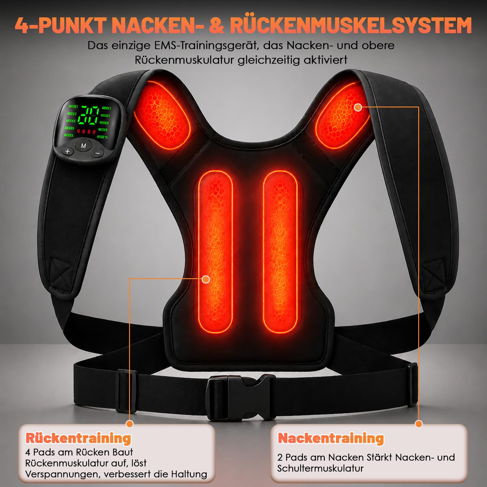 EMS Trainingsgerät für Nacken & Rücken, EMS Gerät Muskelaufbau mit Display-Fernbedienung,30 Intensitätsstufen,10 Modi, EMS Trainer zur Nacken Muskelstimulation,Rückentrainer Nackentrainer
