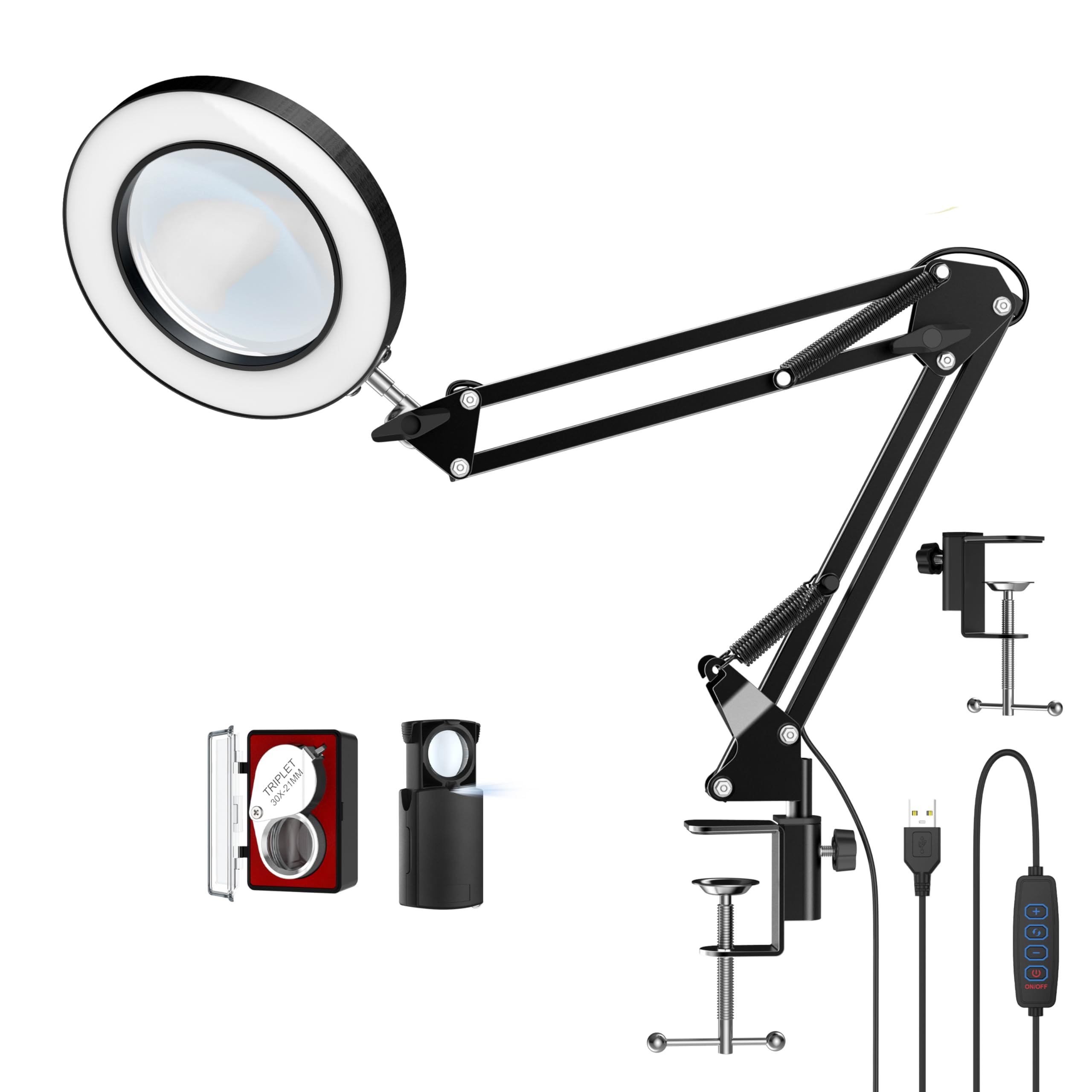 10-fache LED-Lupe, Schreibtischlampe mit Klemme, freihändige Lupe mit 72 LEDs, 3 Farbmodi, stufenlos dimmbar, inklusive 2 Stück, 30-fach 45-fache Juwelierlupe für enge Arbeiten, Reparaturen, Lesen