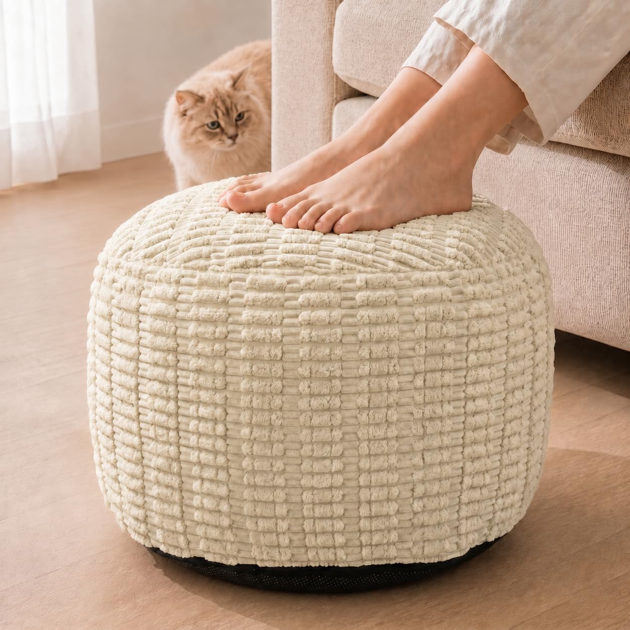 Round Pouf Ottoman, Ivory, 20"x13", Corduroy Foot Rest
