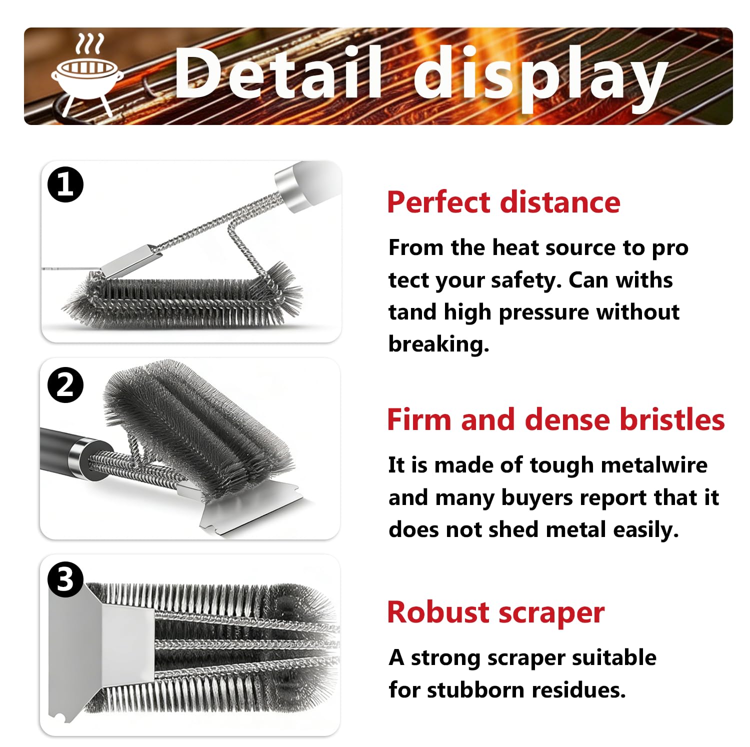 Brosse de Barbecue 3-en-1 – Grattoir Acier INOX Ultra-Tranchant & Brossage 360° pour Un Nettoyage Rapide et Profond de Toutes Les Grilles - 5