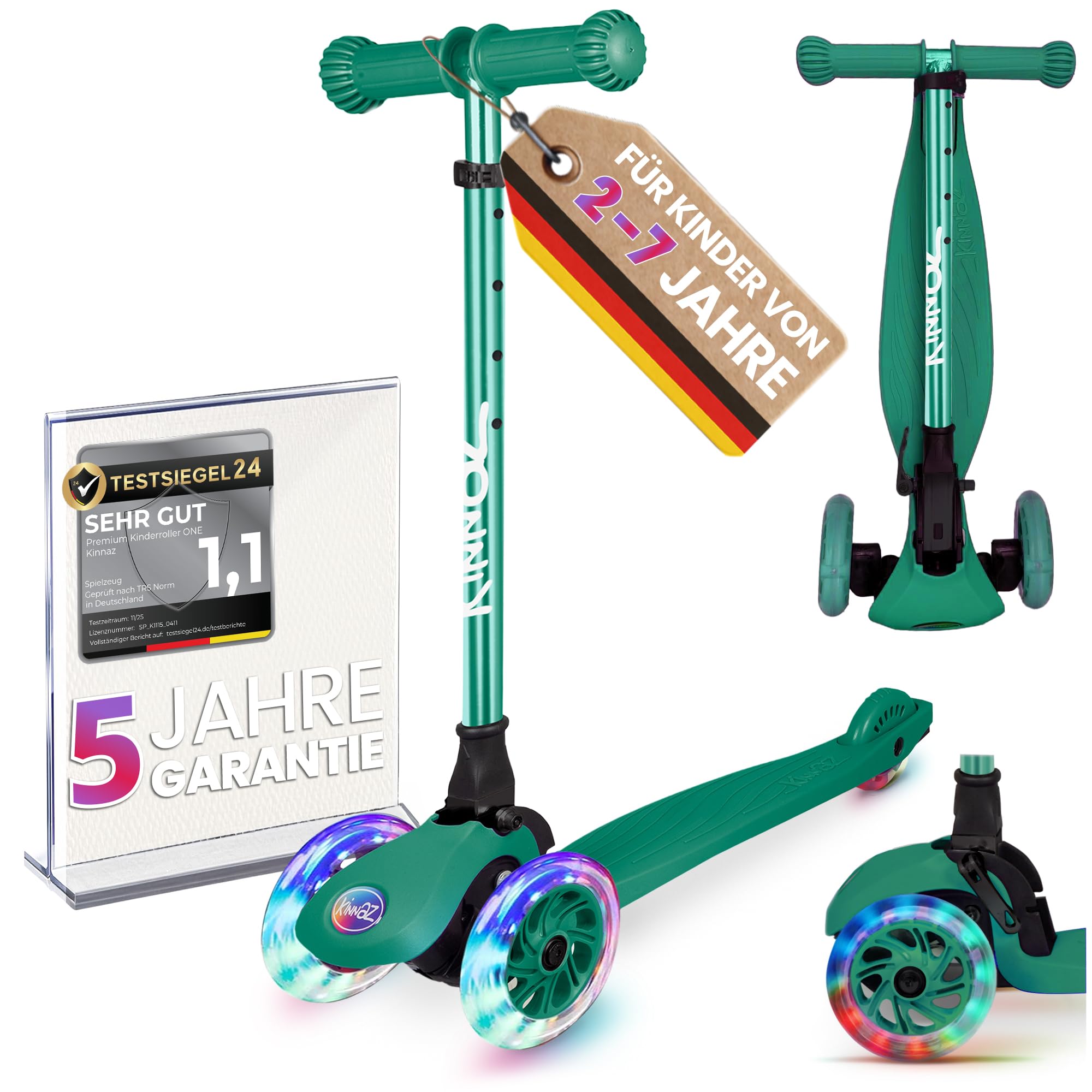Kinderroller kinnaz ONE, LED Räder, Faltbar, Mitwachsend, 2-7 Jahre, Focus Empfehlung, Roller Kinder 2 Jahre, ab 3 Jahre, Tretroller, kein Wegwerfprodukt, über 100000 verkauft, aus Hamburg