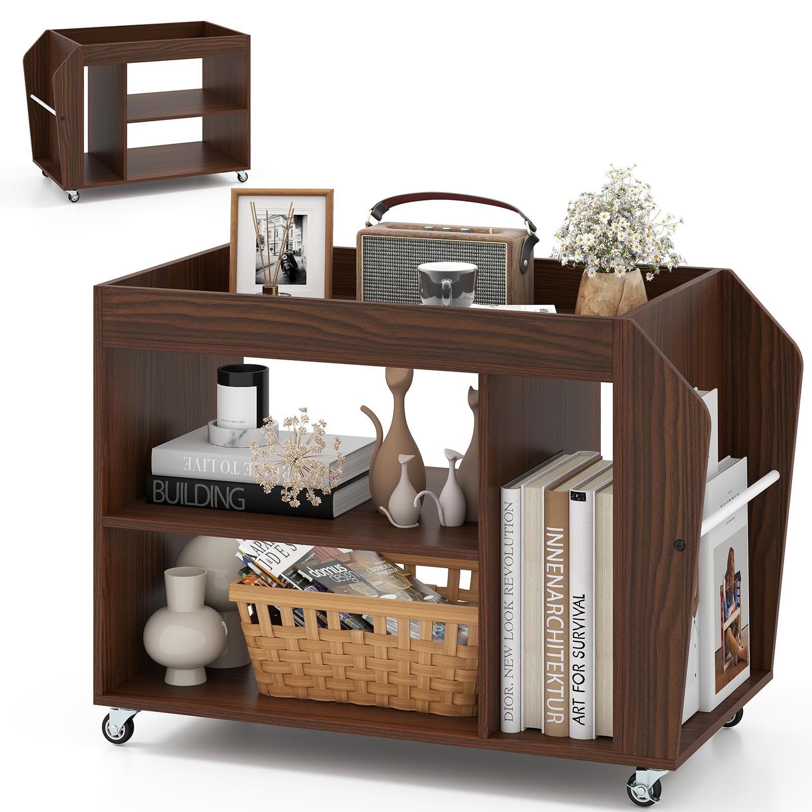 LIFEZEAL Tavolino da Divano con 4 Ruote, Tavolino Laterale da Caffè a 3 Ripiani, in Legno, Piccolo, Salvaspazio, Anticaduta, Industriale, Rustico, Soggiorno, Salotto, Side Table, 76x39,5x55cm, Marrone