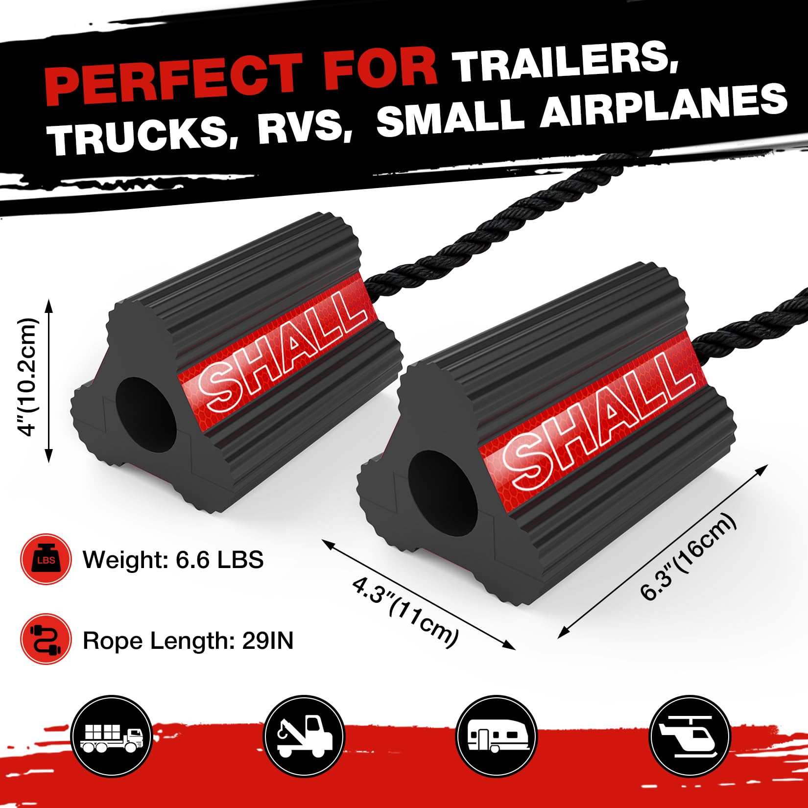 SHALL Cunei per ruote, in gomma resistente, con 3 strisce riflettenti, blocco solido per camper, camion, auto, aerei, confezione da 2 paia/4 pezzi con corda, rosso