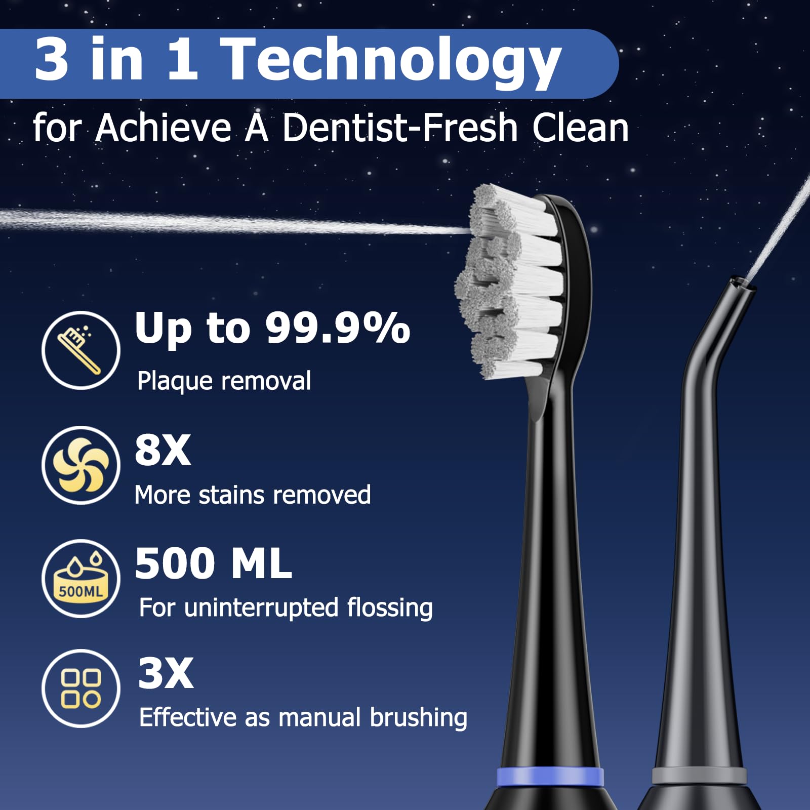 Spazzolino elettrico con filo interdentale, set di spazzolini da denti con 3 spazzole + 1 ugello, 5 velocità del filo interdentale e 3 modalità di spazzolatura, serbatoio da 500 ml, batteria da 30