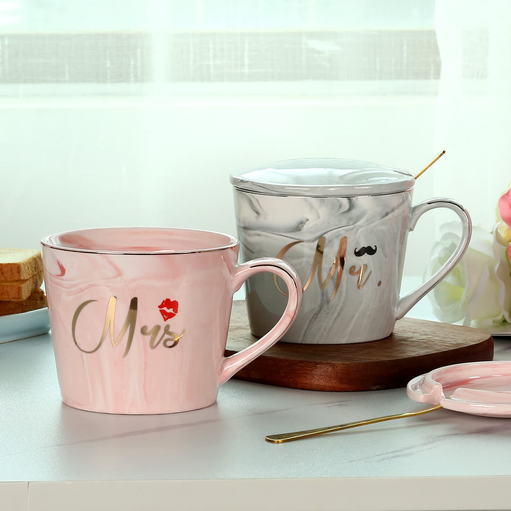 exreizst Mr Mrs Taza de café Regalo de boda para novia y novio Regalo para regalo de compromiso de ducha nupcial y regalo de cumpleaños de parejas casadas - mármol cerámico 12 oz (ovalado)