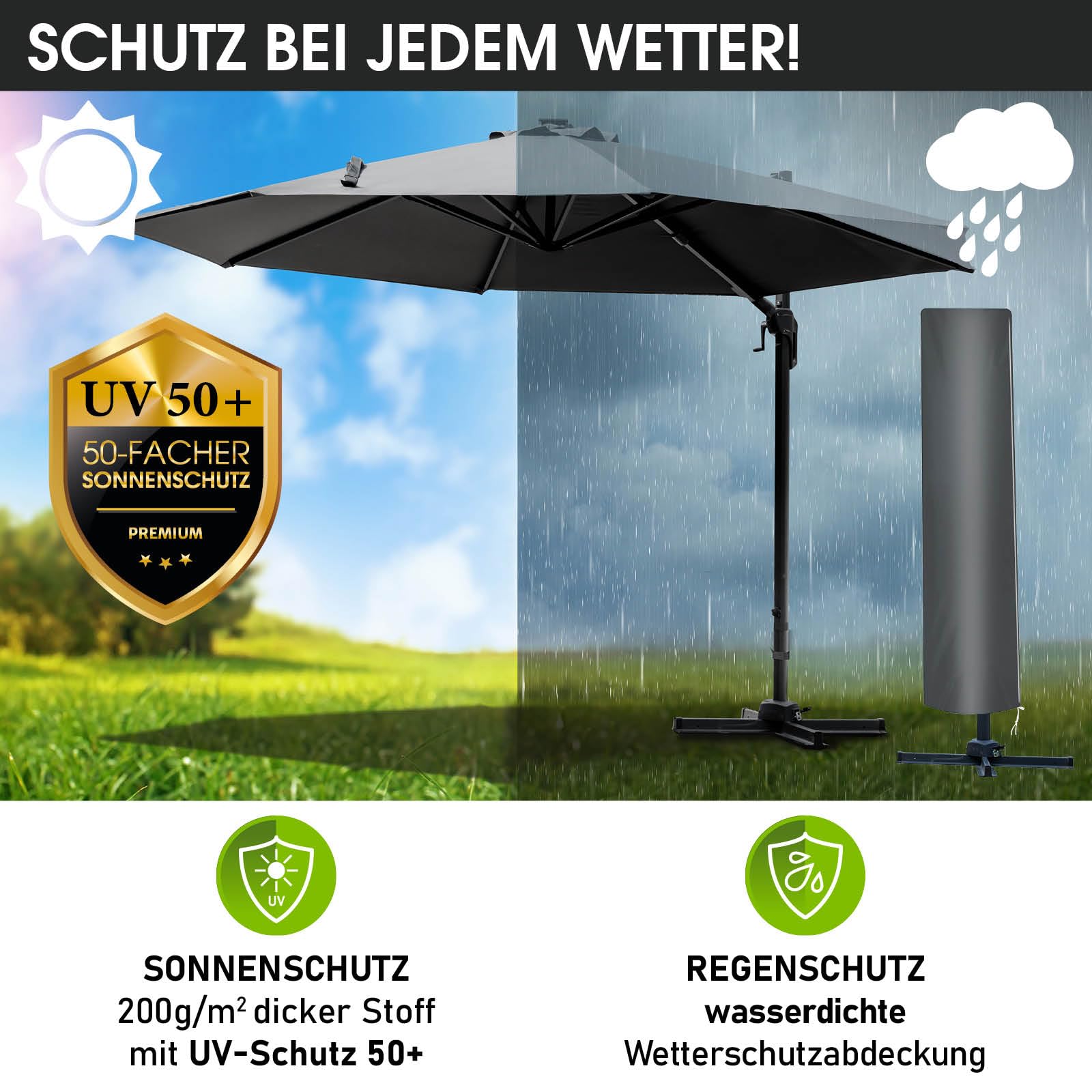 BRAST Alu Sonnenschirm Ampelschirm | Ø300cm Grau | TÜV geprüft | viele Modelle | Schützhülle | UV-Schutz 50+ | wasserabweisend | drehbar & höhenverstellbar