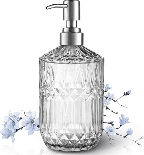 Miniatura 7 de Kaishun Dispensador de jabón recargable de 13 onzas, dispensador de jabón de vidrio para dispensar jabón de manos, jabón para platos, loción (azul)