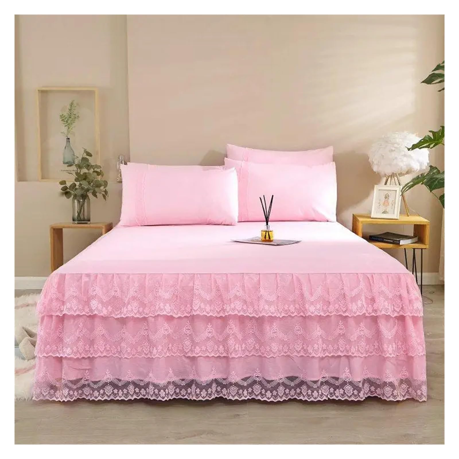 Bed Skirt Pillowcase Bed Set Ruffle Three Layers Lace Bedspreads Sheet Soft Fitted Sheet Cover(3,150x200cm 3pcs set)