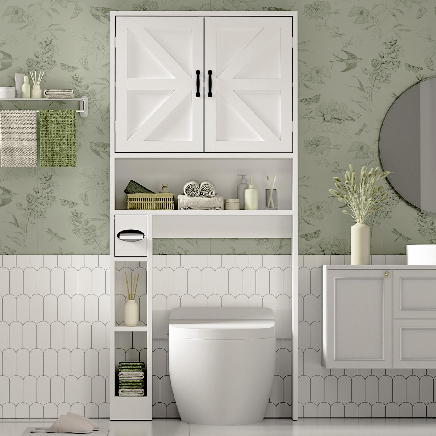 Badezimmerschrank, Waschmaschinenschrank, Waschmaschine Trockner Schrank mit 2 Türen und Verstellbaren Regalen, Toilettenregal, Toilettenschrank, Weiß