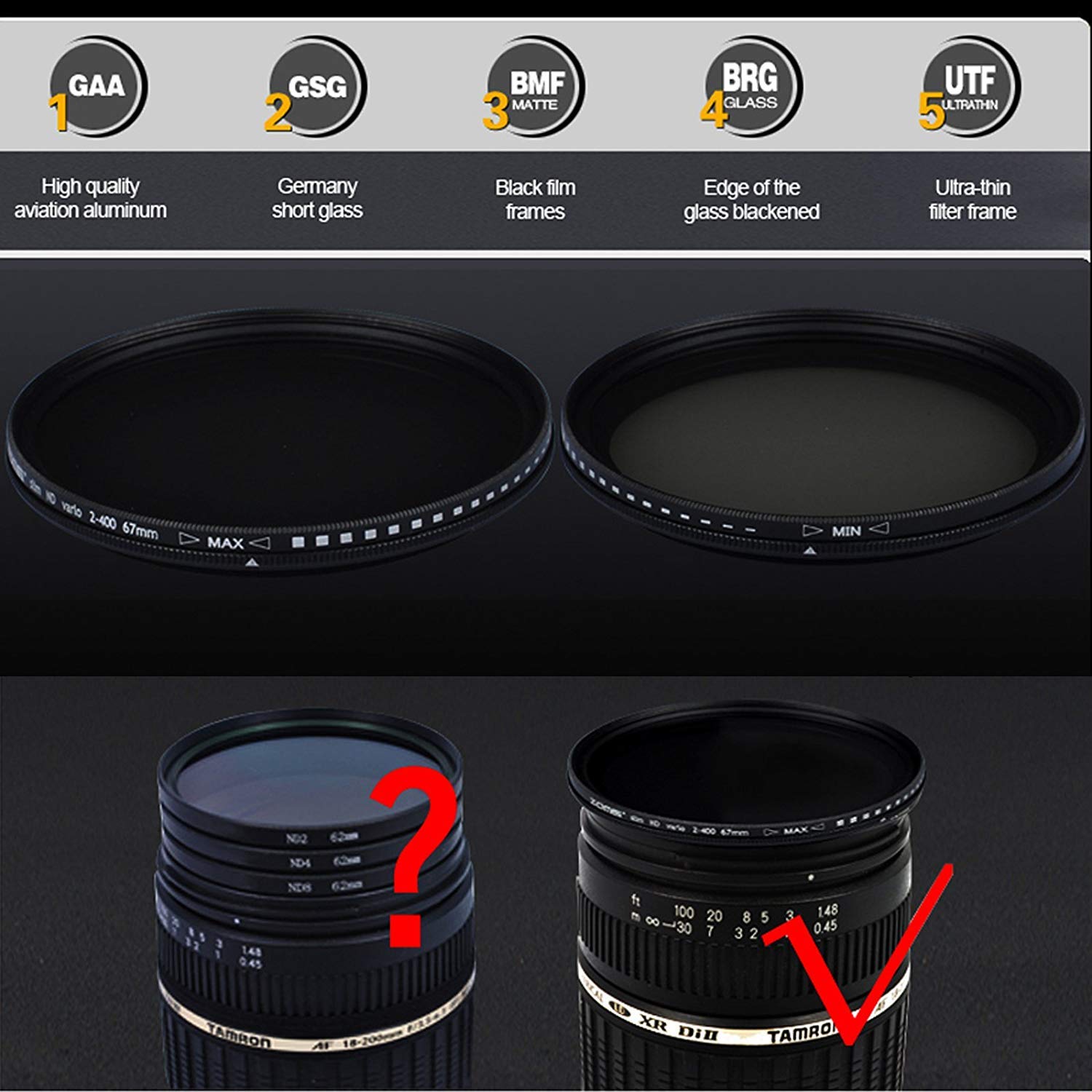 ZOMEI - Filtro variabile regolabile a densità neutra, 67 mm, con vetro ottico AGC (ND2 a ND400)