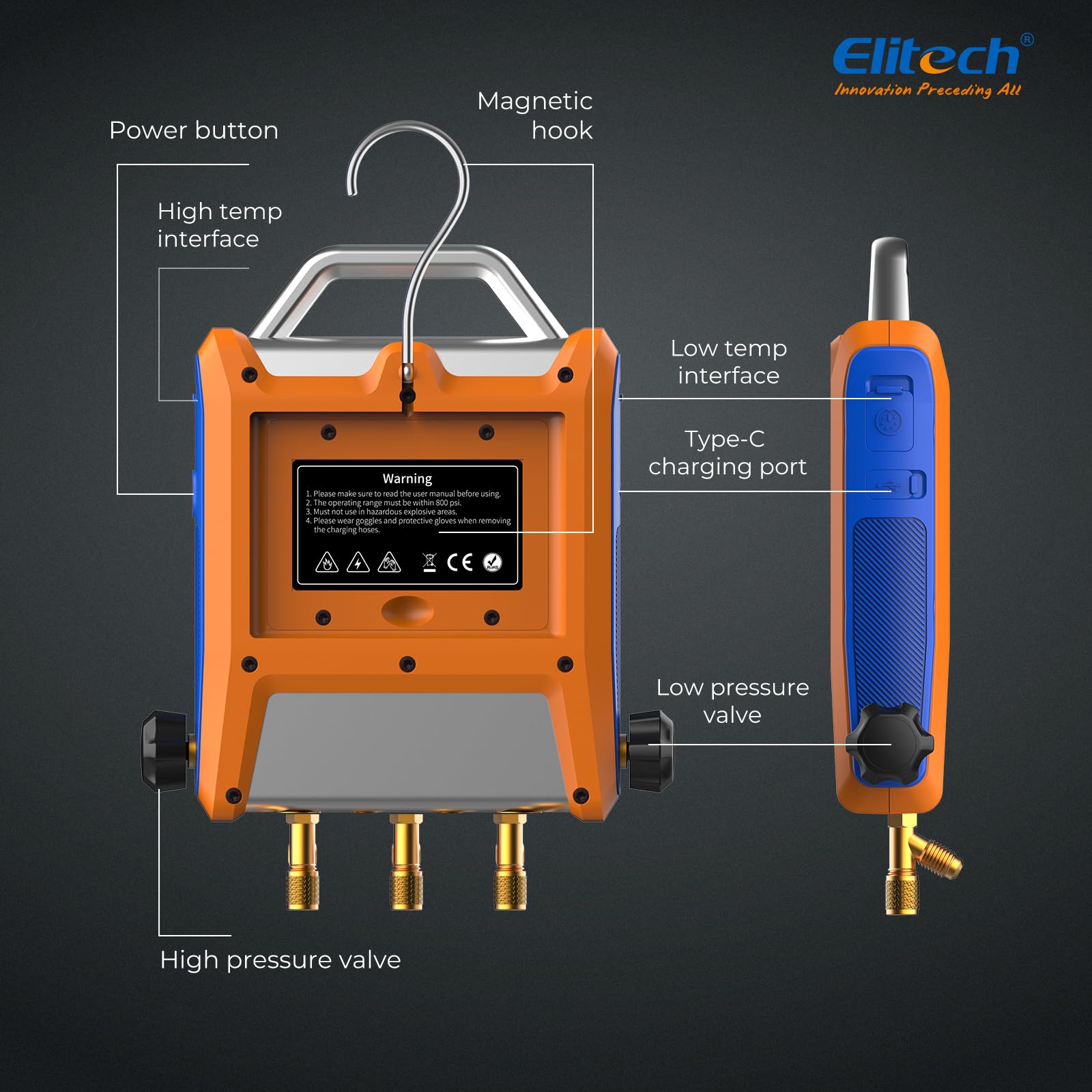 Elitech Ensemble de Manomètres Numériques Intelligents Elitech EMG-20V, Écran Tactile de 5 Pouces, Connexion Bluetooth, Adapté pour la CVC et le Contrôle via l'Application