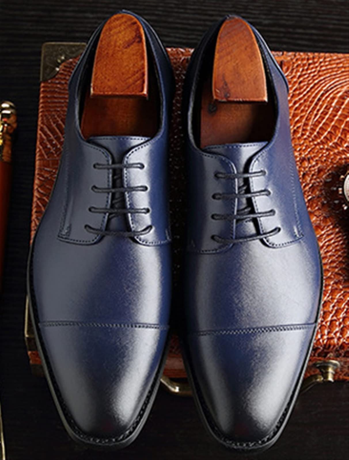 Formal Shoes for Men Lace Up cap Toe Black Burnished Toe PU Leather Low Top Block Heel Rubber Sole Prom Scarpe da Cerimonia