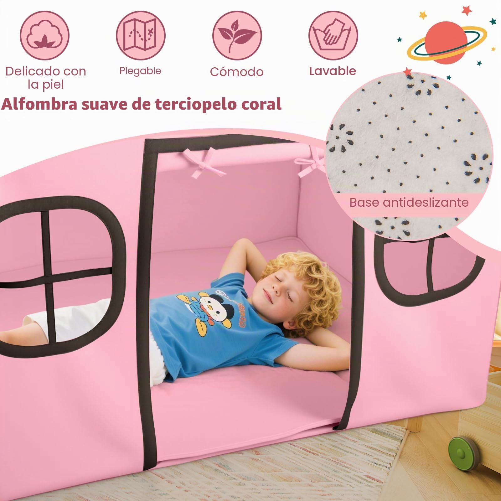 HOMASIS Tienda de Campaña Infantil con Luces de Estrellas y Alfombra Acolchada, Tipi para Niños con 4 Ventanas y Cortina 3+ Años (Rosa + Gris)