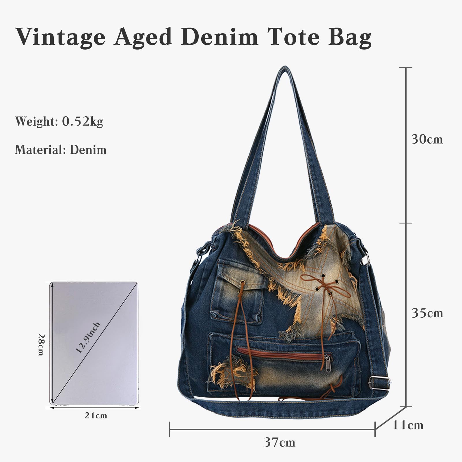 CORIOS Sac à Bandoulière en Denim pour Femme Sac à Main en Jean Grande Sacs Portés Épaule Léger Sac Hobo Sacs Cabas Rétro Sac Messager Occasionnel Sac Fourre Tout pour Travail Achat Voyage Bleu