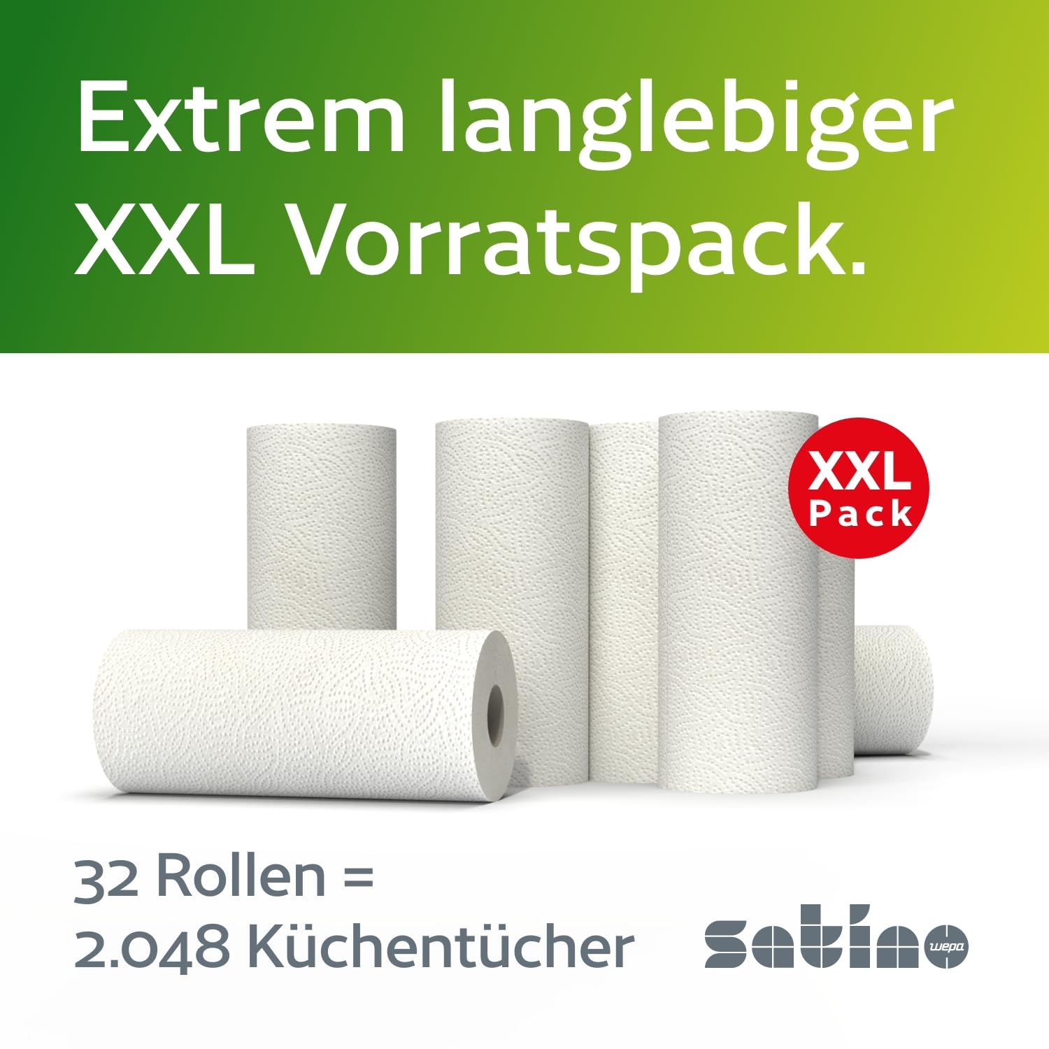 Küchenrolle 3-lagig – 32 Rollen – 64 Blatt pro Rolle - Ø: 10,5 cm/Höhe: 26 cm - saugstark, reißfest & besonders weich dank Zellstoff – Made in Germany - Küchentücher Vorrat – Reserve - Satino