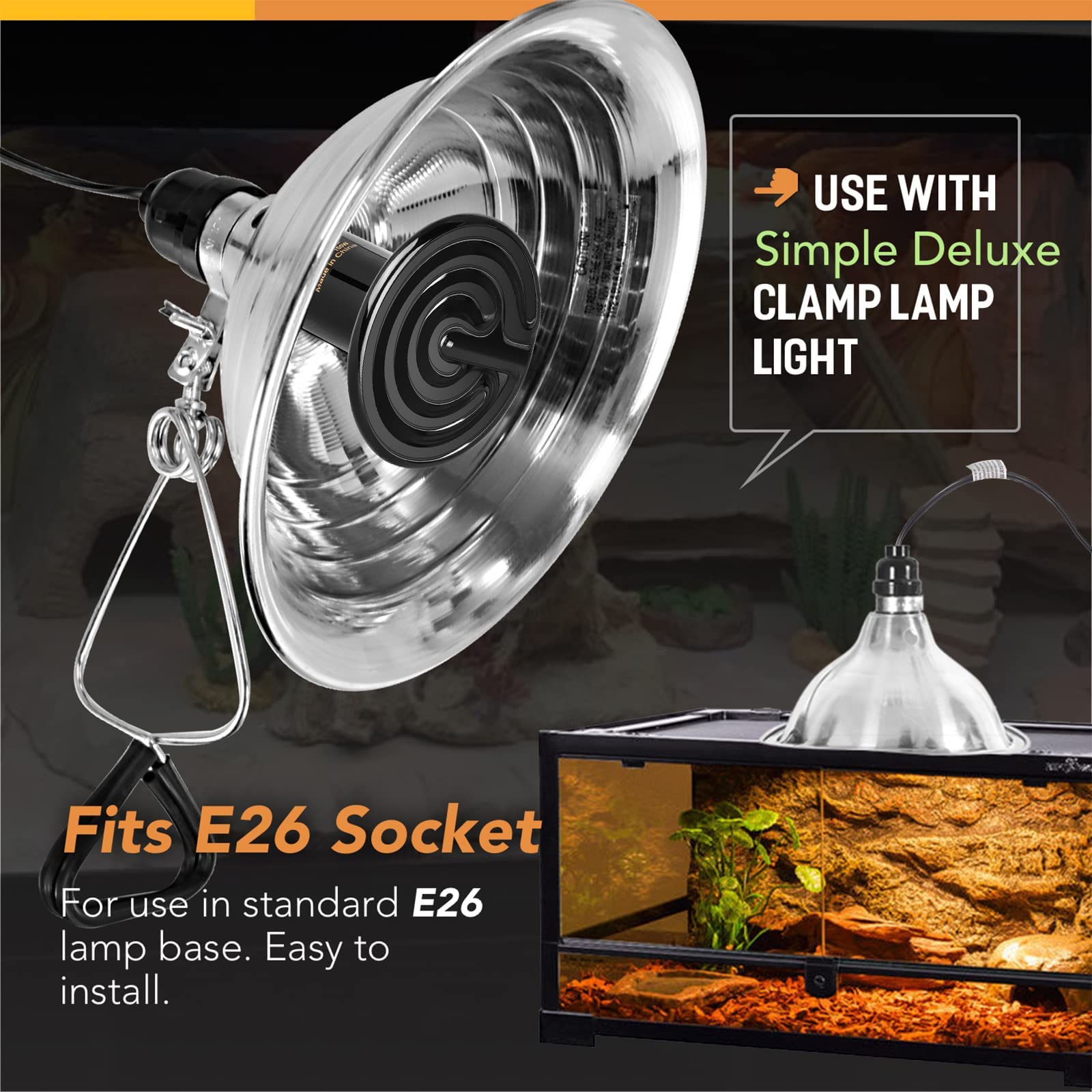 Simple Deluxe Reptile Heat Lamp Bulb Ceramic Heat Emitter 40W/60W/100W/150W/250W, No Light Emitting Brooder Coop Heater for Amphibian Pet & Incubating Chicken Black - image 7